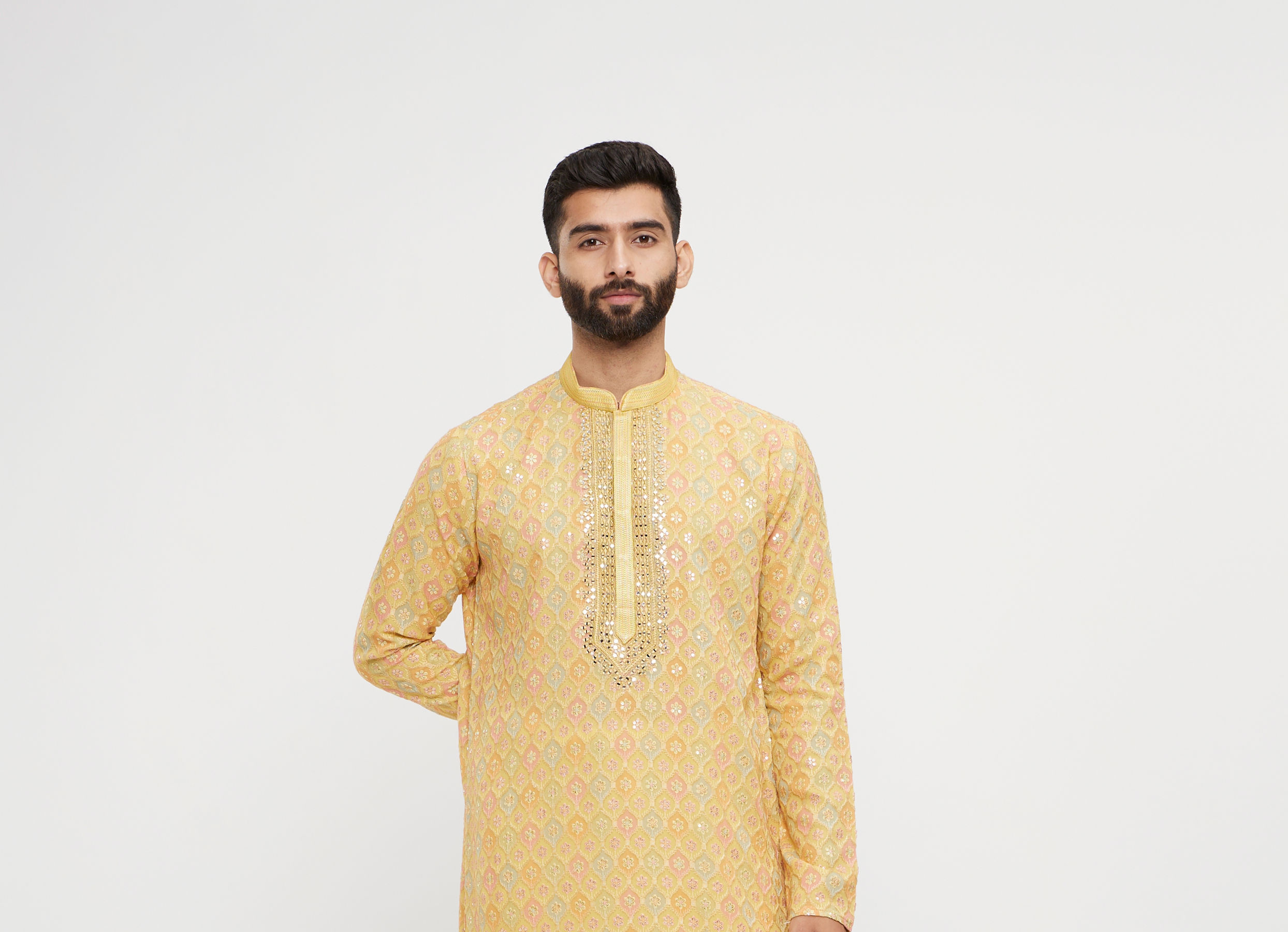 Twamev Men Mustard Georgette Embroidered Kurta Set