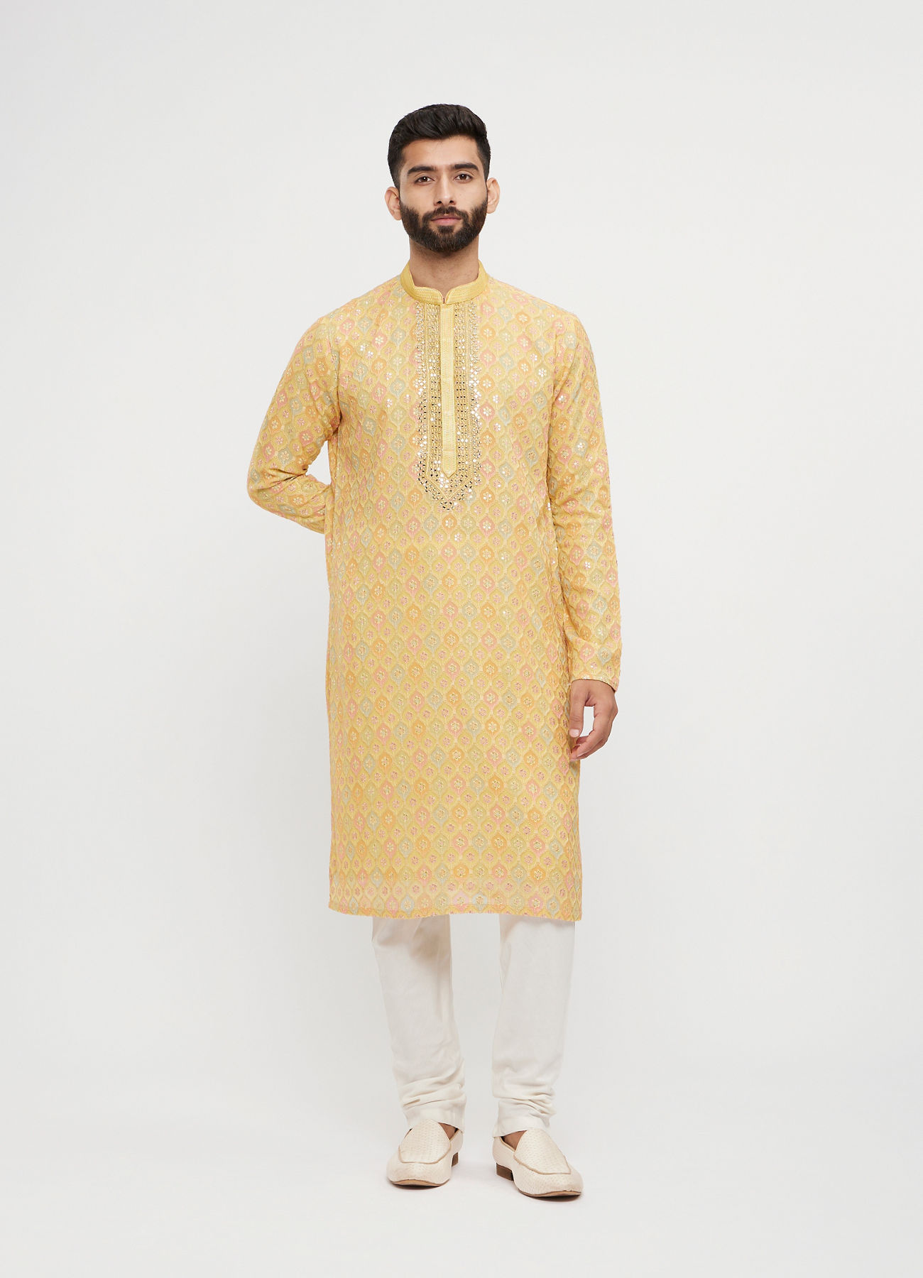 Twamev Men Mustard Georgette Embroidered Kurta Set