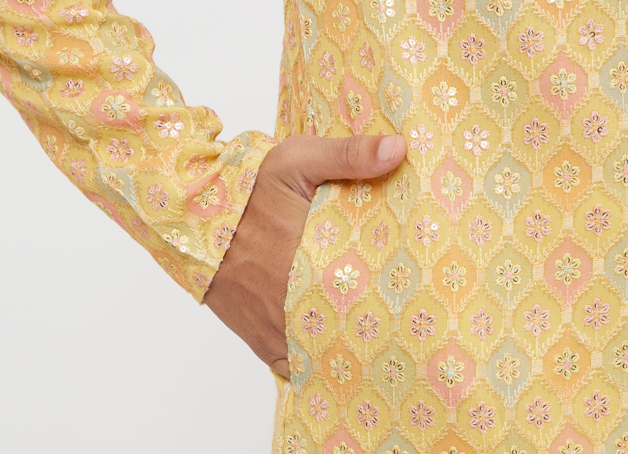 Twamev Men Mustard Georgette Embroidered Kurta Set