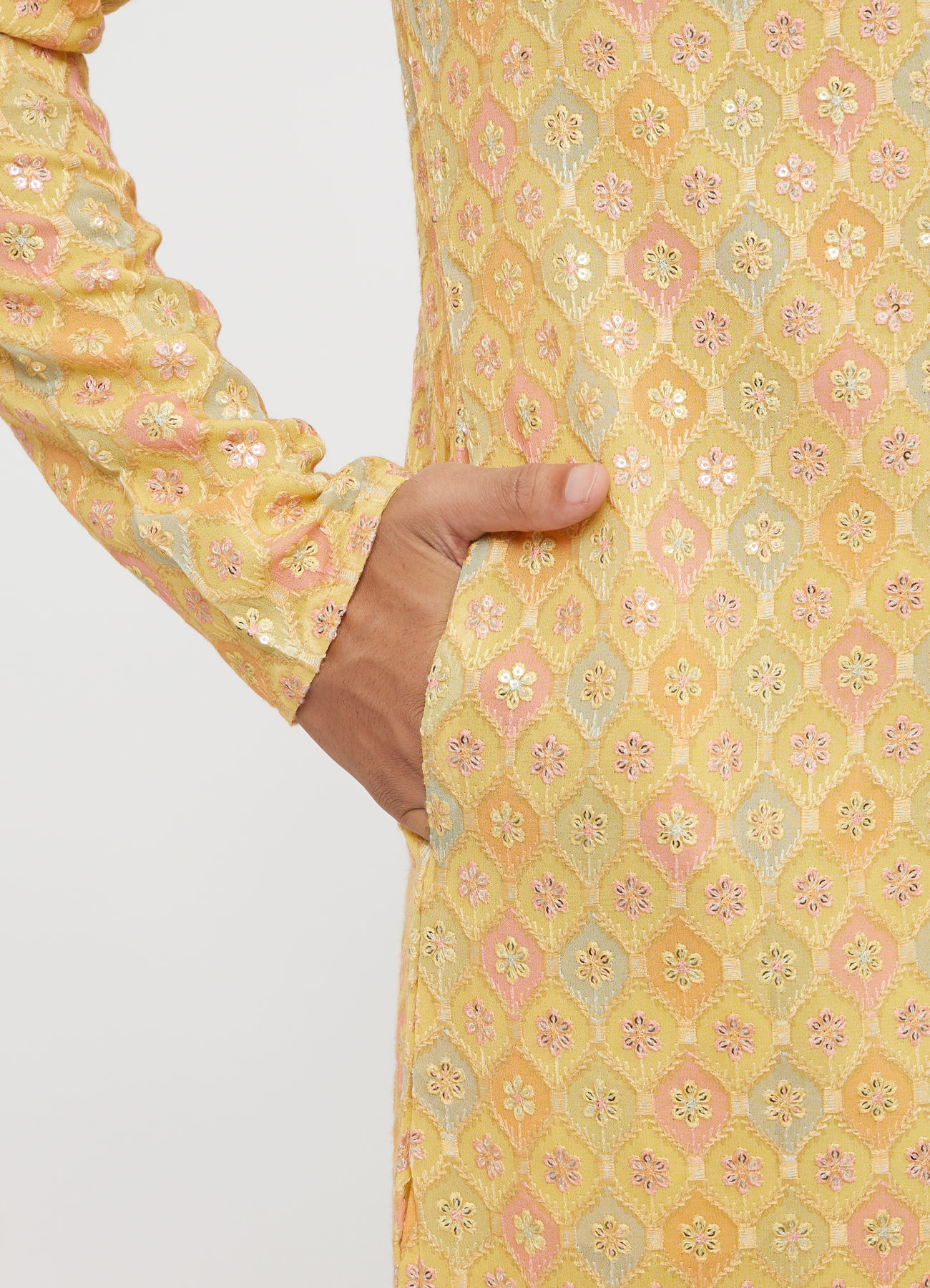 Twamev Men Mustard Georgette Embroidered Kurta Set