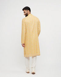 Twamev Men Mustard Georgette Embroidered Kurta Set