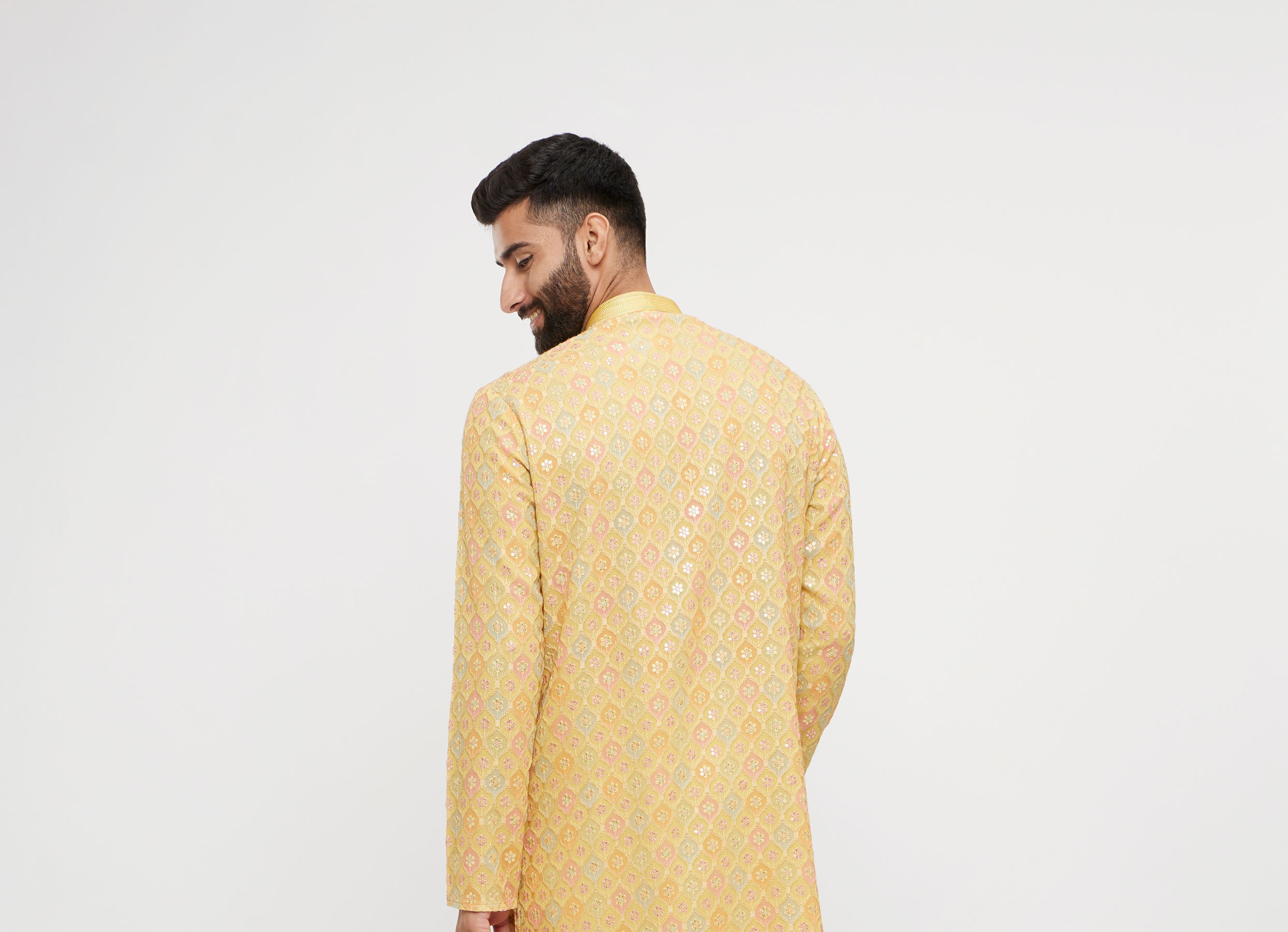 Twamev Men Mustard Georgette Embroidered Kurta Set