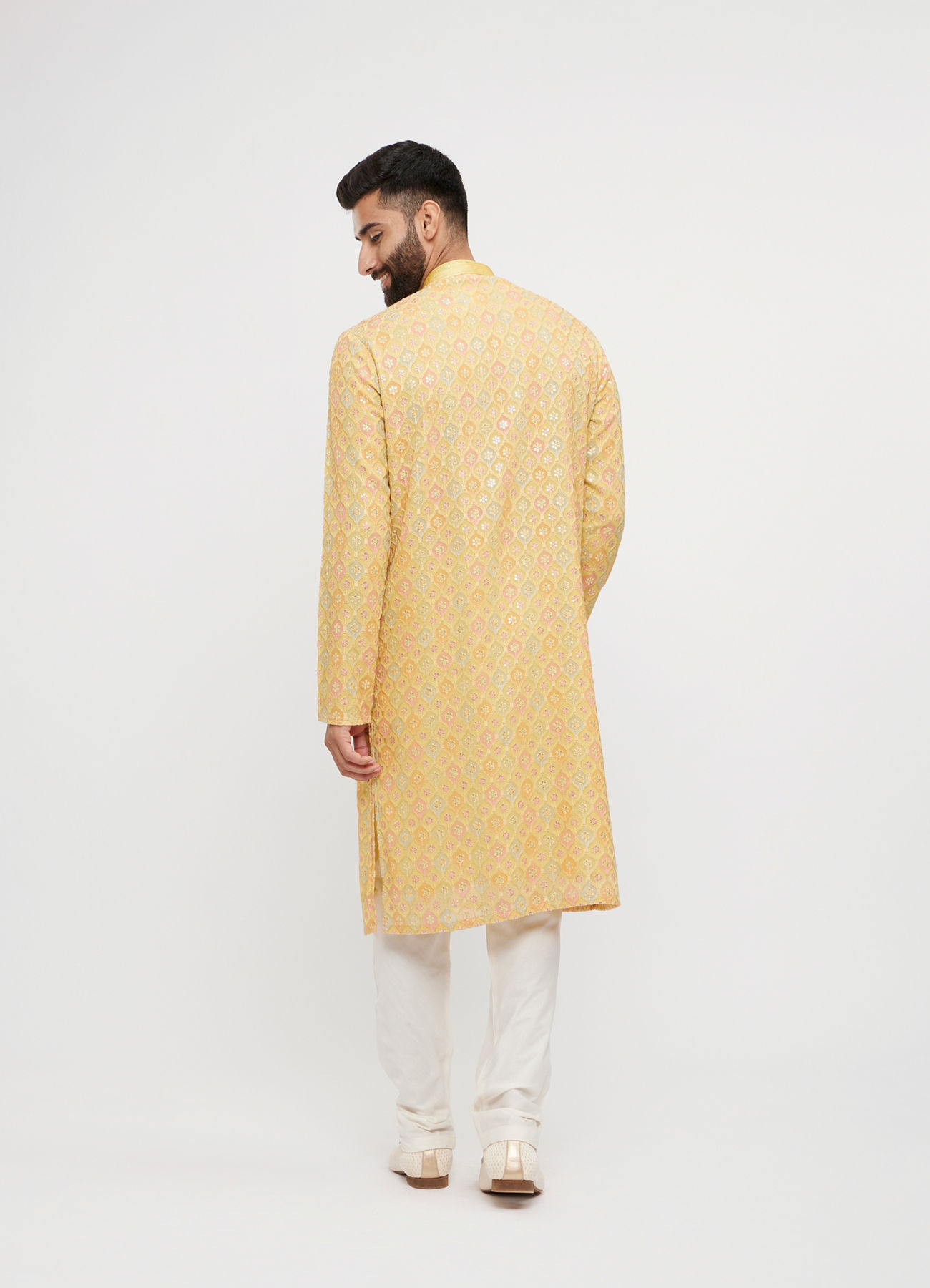 Twamev Men Mustard Georgette Embroidered Kurta Set