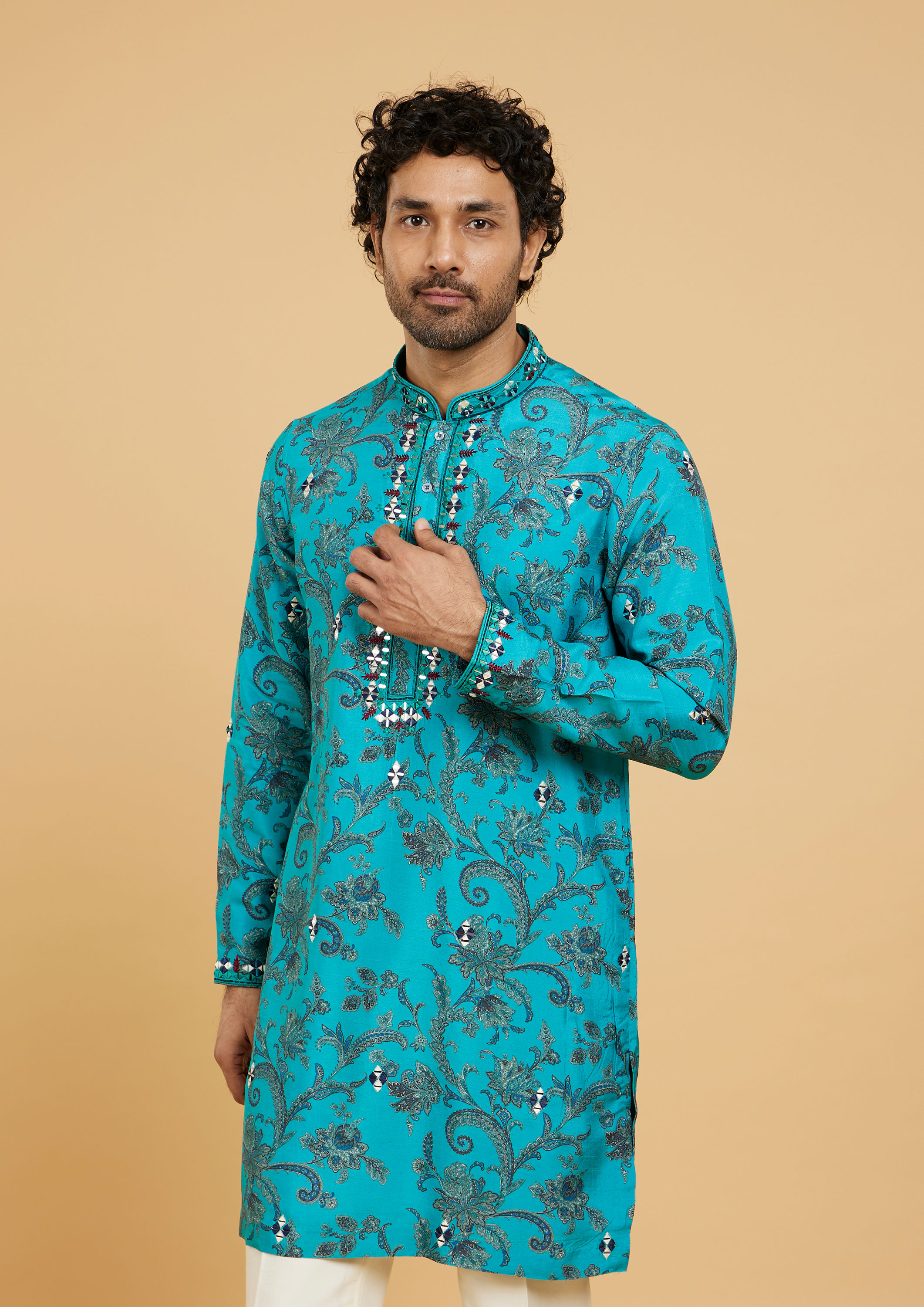 Twamev Men Teal Blue Charm Kurta Pajama