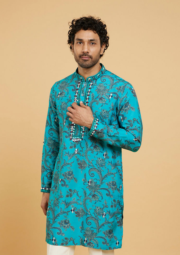 Twamev Men Teal Blue Charm Kurta Pajama