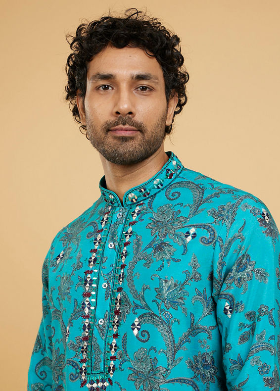 Twamev Men Teal Blue Charm Kurta Pajama