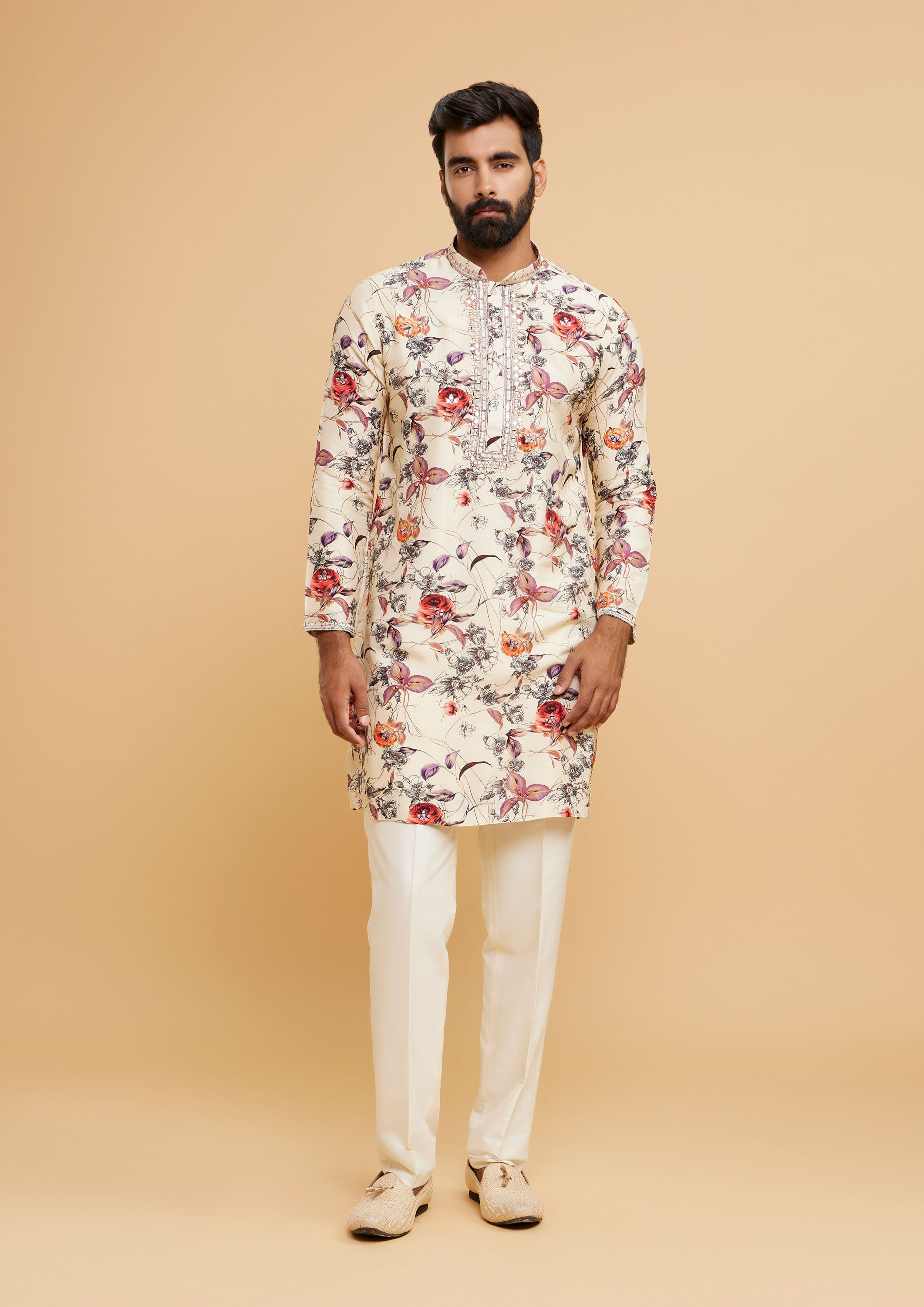 Twamev Men Beige Kurta Pajama Extravaganza