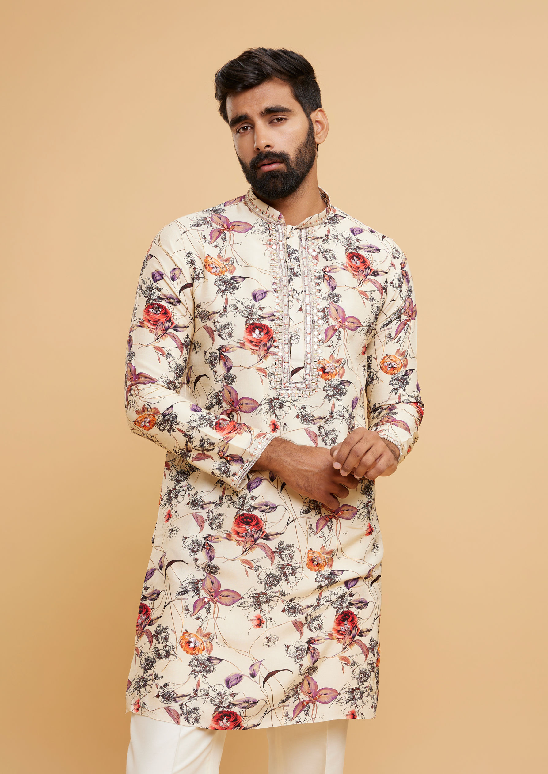 Twamev Men Beige Kurta Pajama Extravaganza