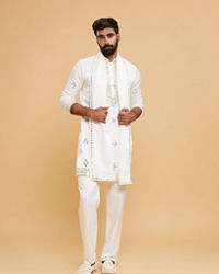 Twamev Men Ivory Satin Mirror Work Kurta Set with Dupatta