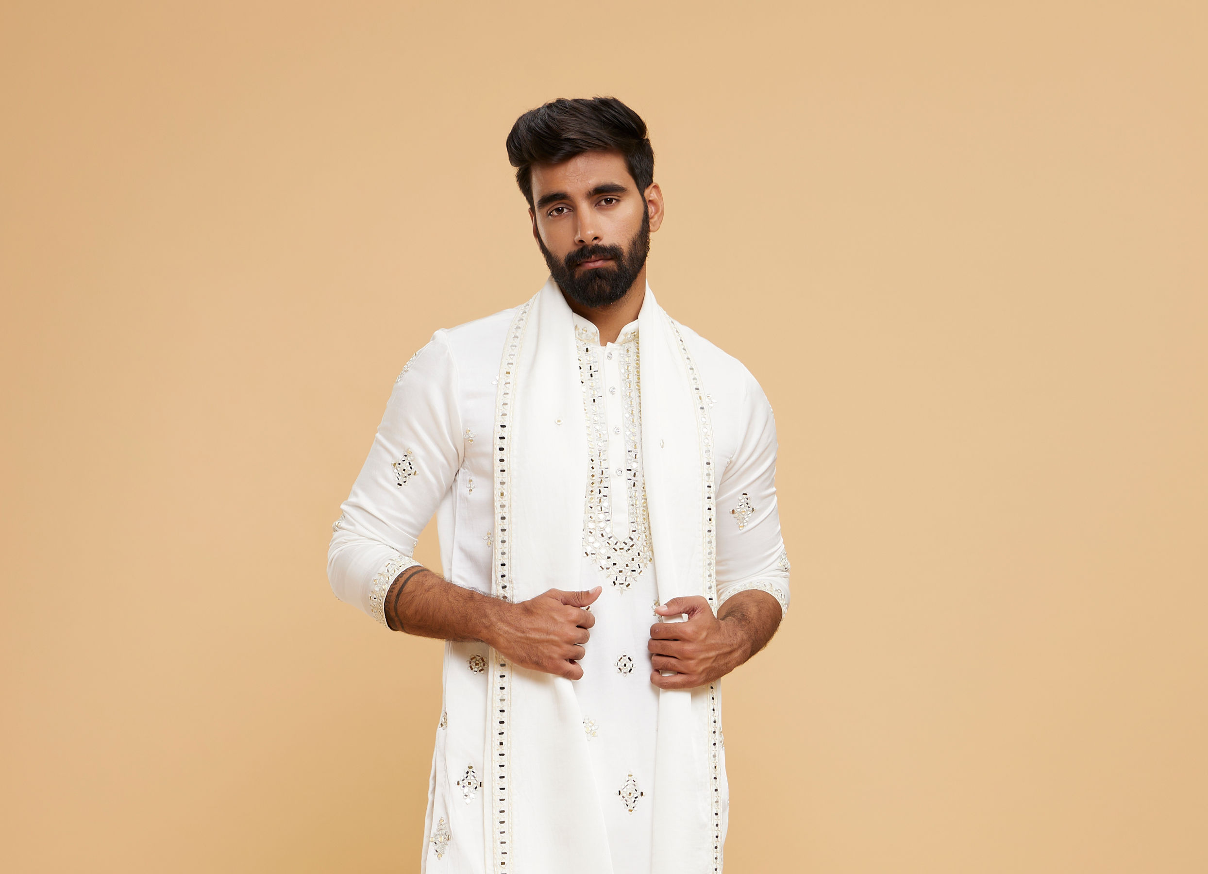 Twamev Men Ivory Satin Mirror Work Kurta Set with Dupatta