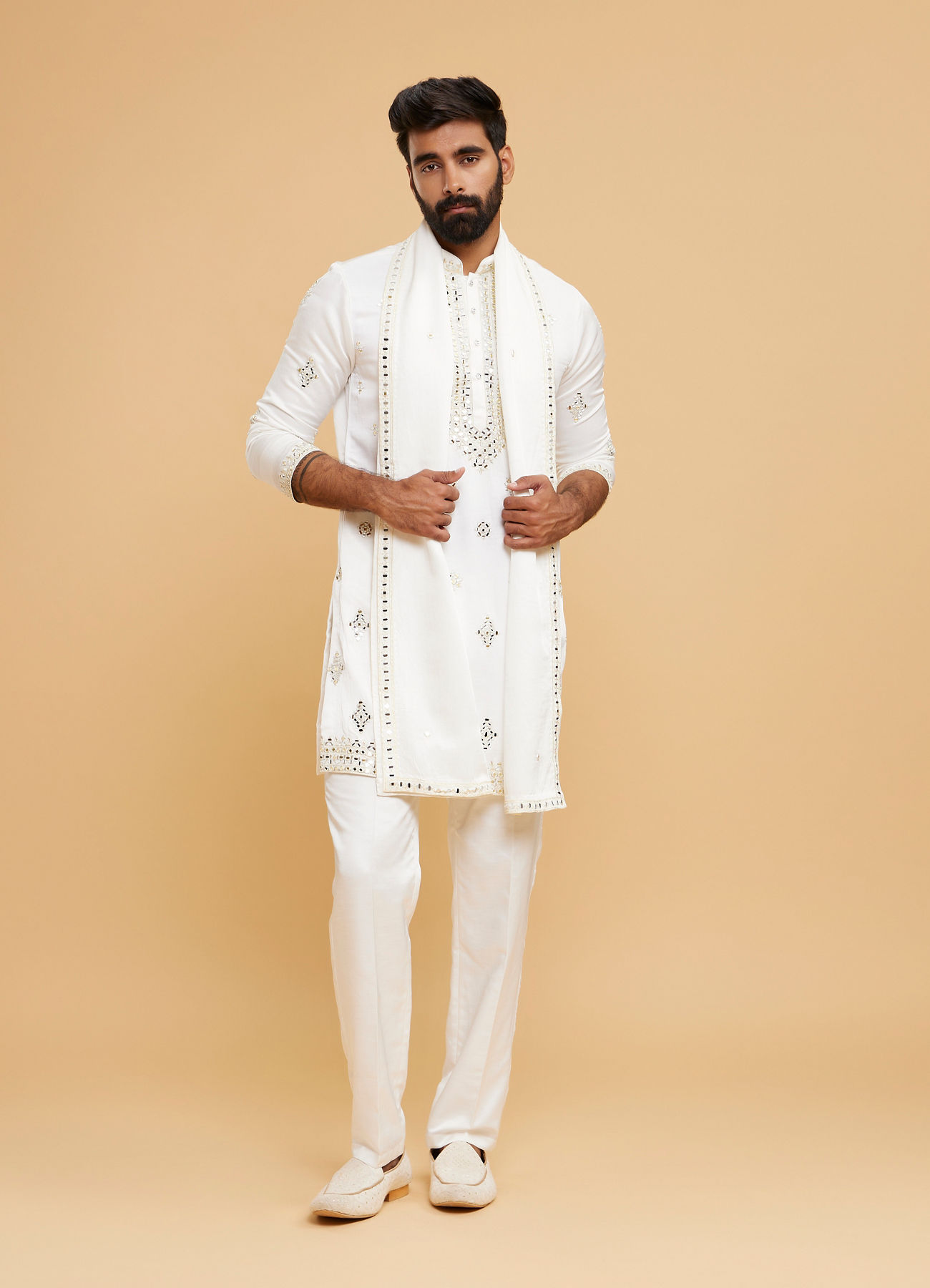 Twamev Men Ivory Satin Mirror Work Kurta Set with Dupatta