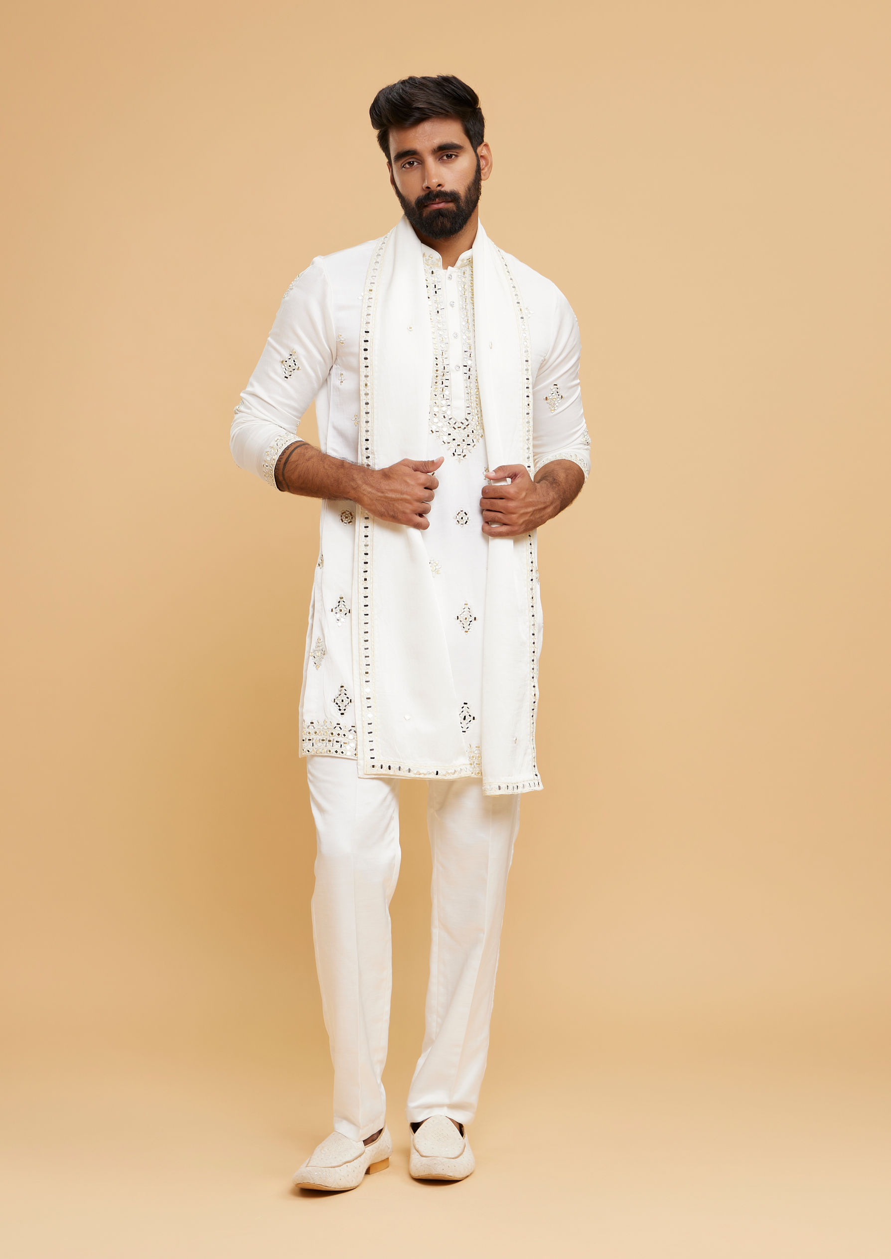 Twamev Men Gleaming Cream Satin Kurta Set with Dupatta