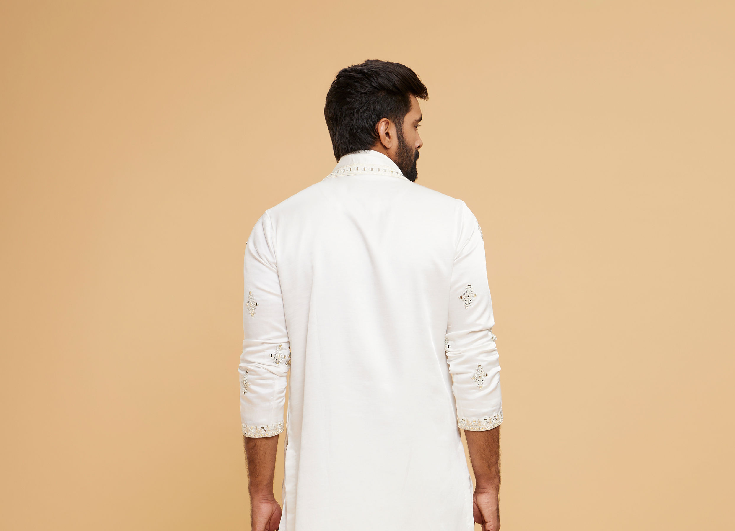 Twamev Men Ivory Satin Mirror Work Kurta Set with Dupatta