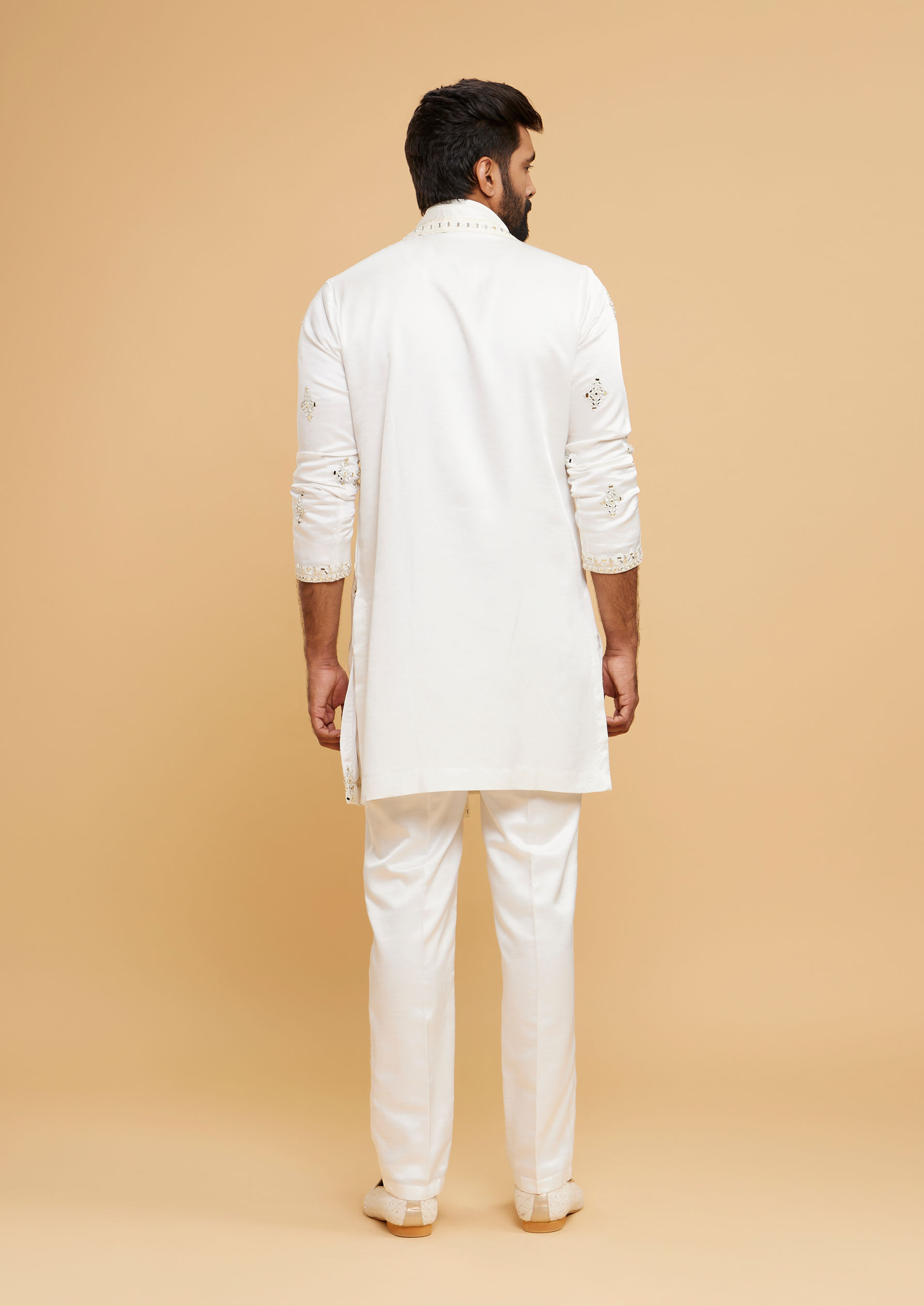 Twamev Men Gleaming Cream Satin Kurta Set with Dupatta