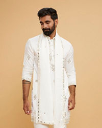 Twamev Men Ivory Satin Mirror Work Kurta Set with Dupatta