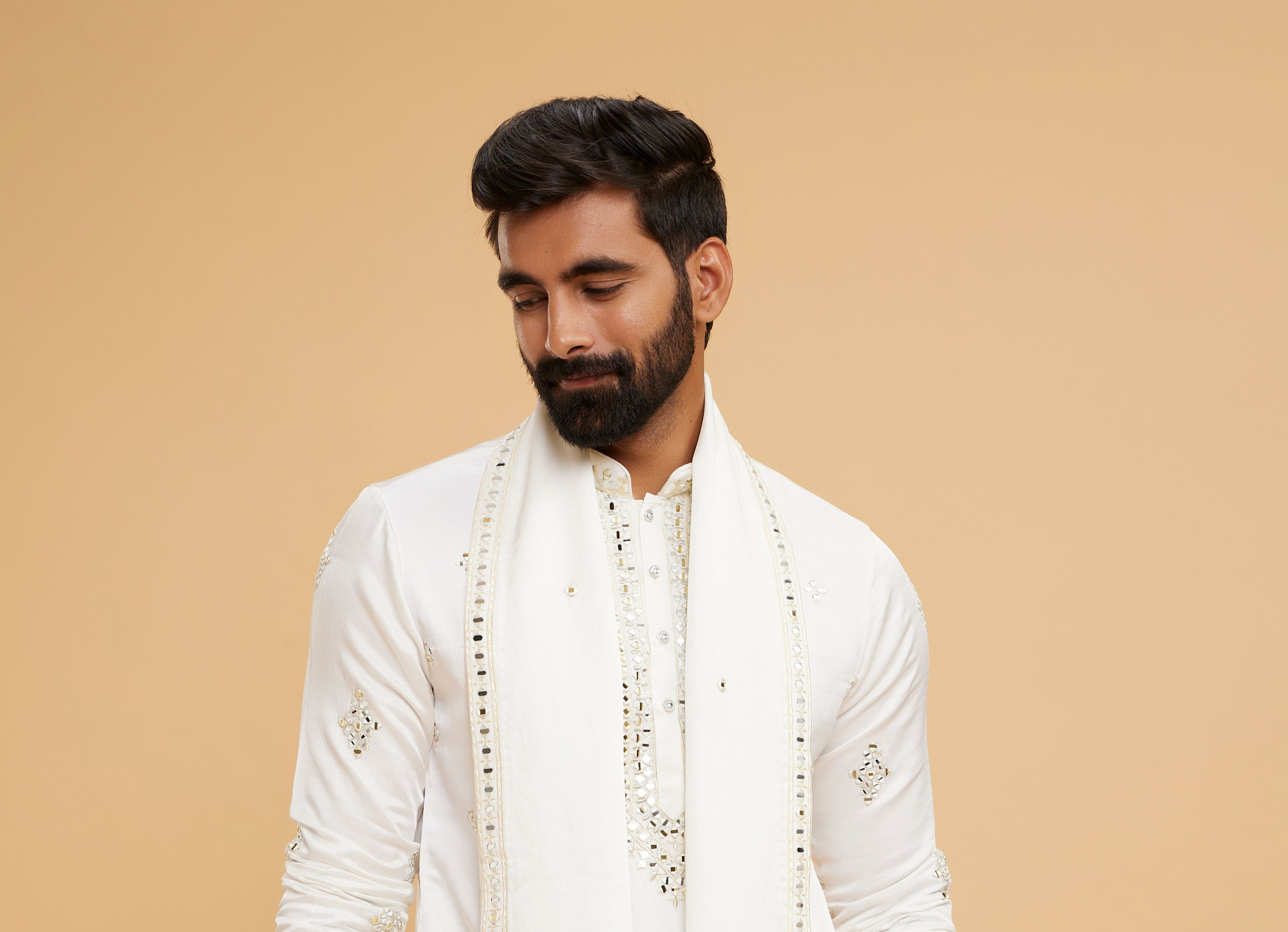 Twamev Men Ivory Satin Mirror Work Kurta Set with Dupatta