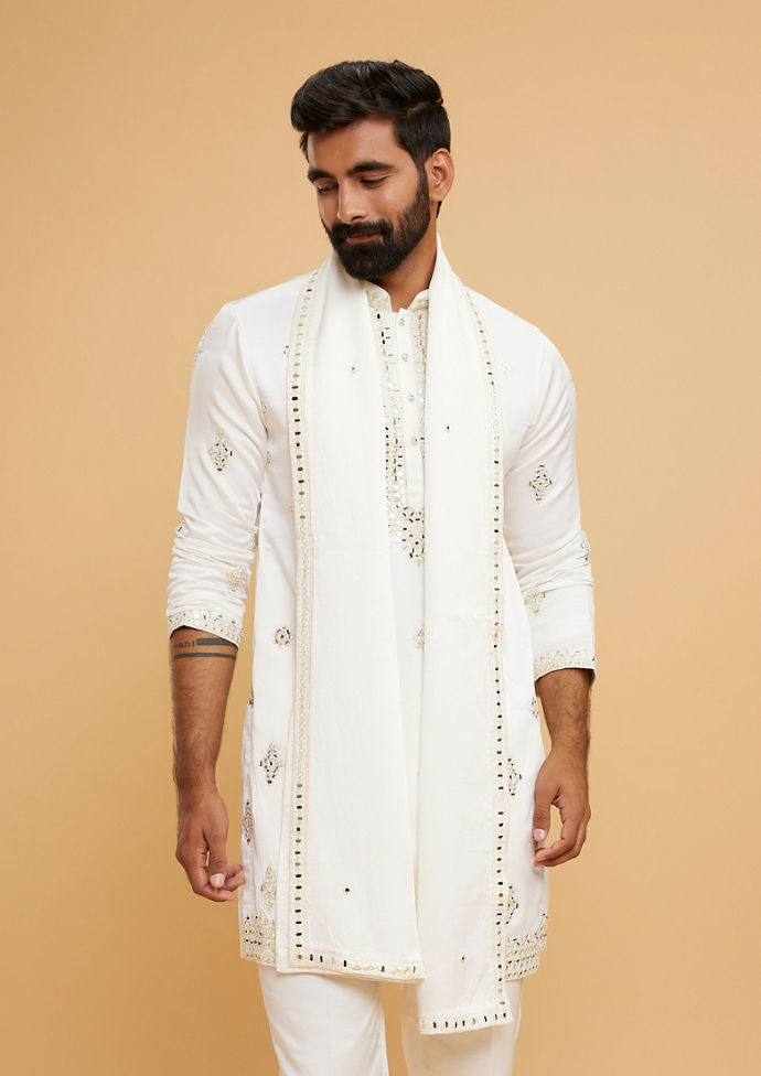 Twamev Men Gleaming Cream Satin Kurta Set with Dupatta