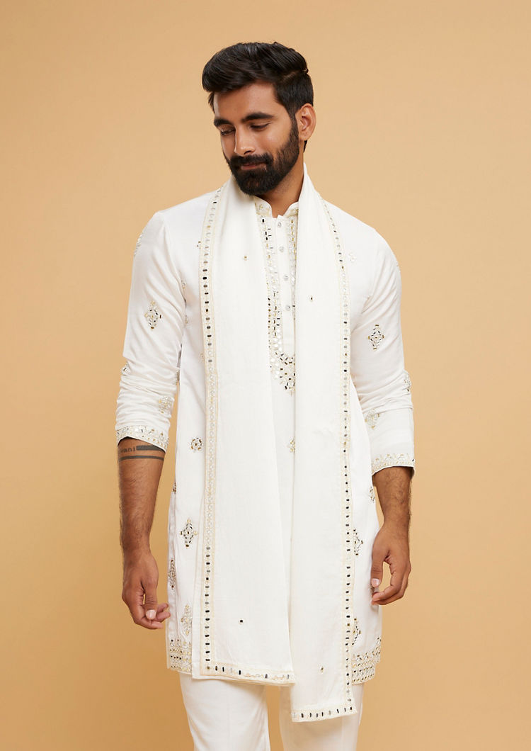 Twamev Men Gleaming Cream Satin Kurta Set with Dupatta