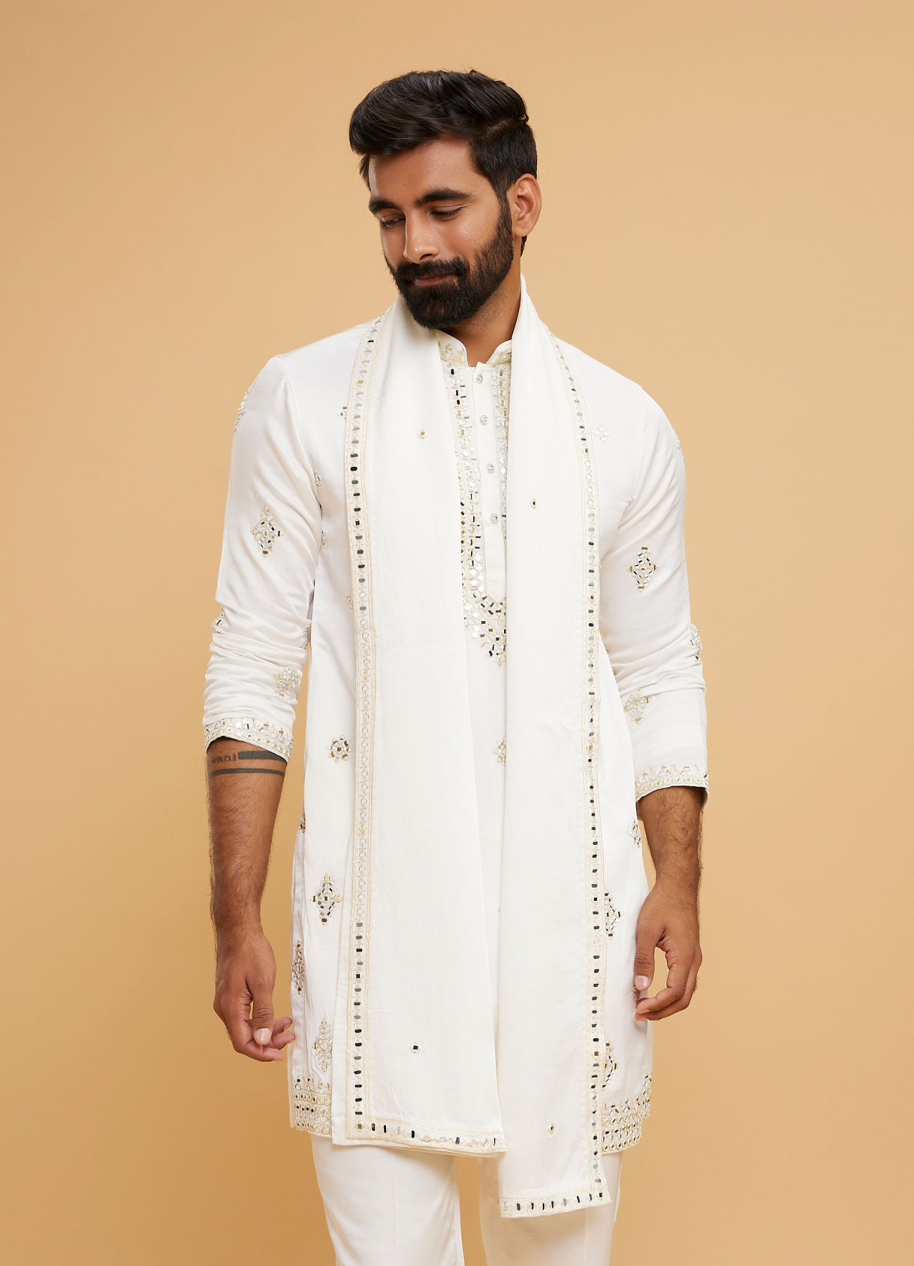 Twamev Men Ivory Satin Mirror Work Kurta Set with Dupatta