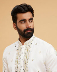 Twamev Men Ivory Satin Mirror Work Kurta Set with Dupatta