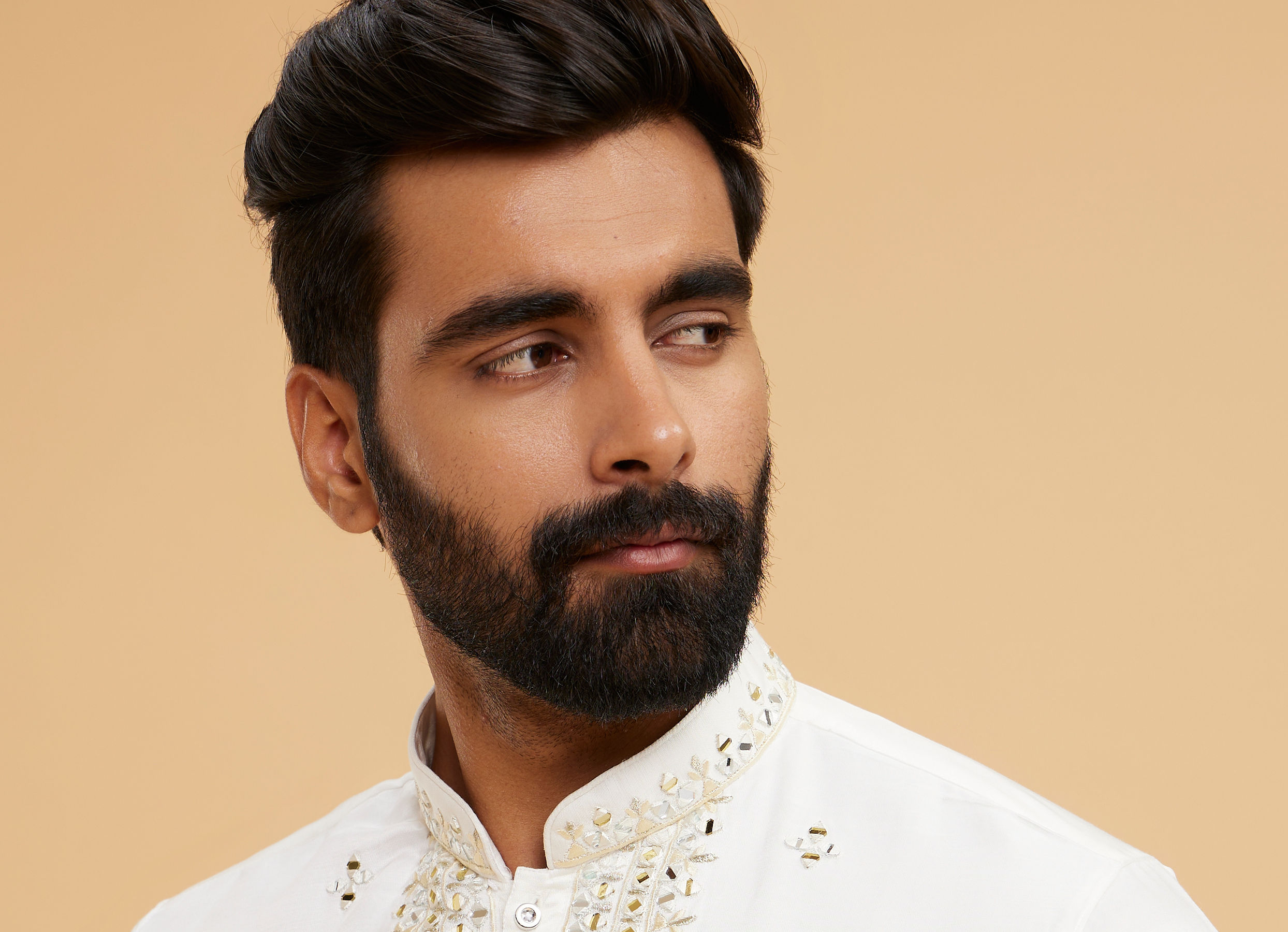 Twamev Men Ivory Satin Mirror Work Kurta Set with Dupatta