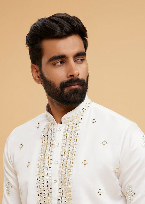 Twamev Men Gleaming Cream Satin Kurta Set with Dupatta