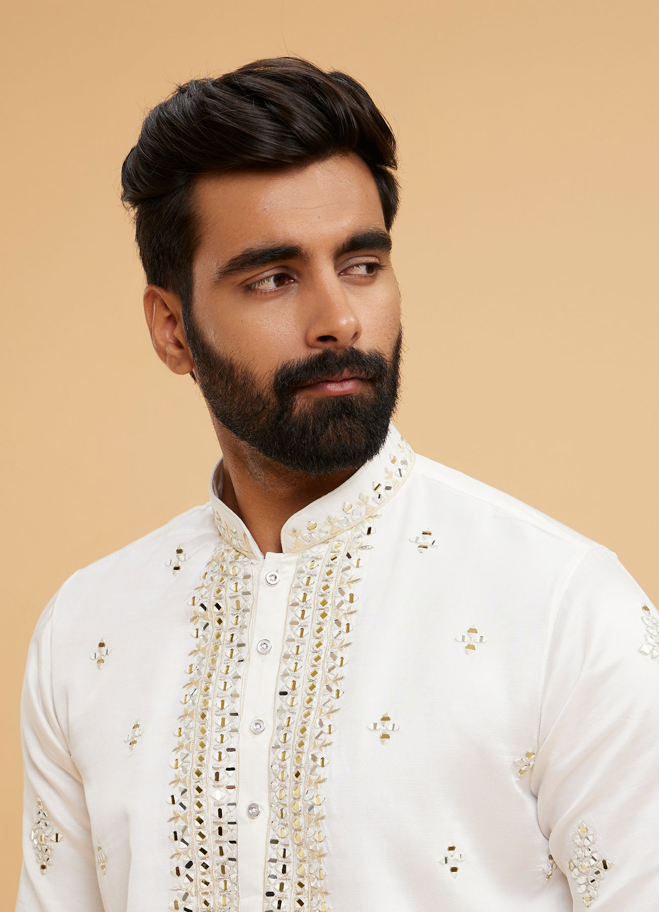 Twamev Men Ivory Satin Mirror Work Kurta Set with Dupatta
