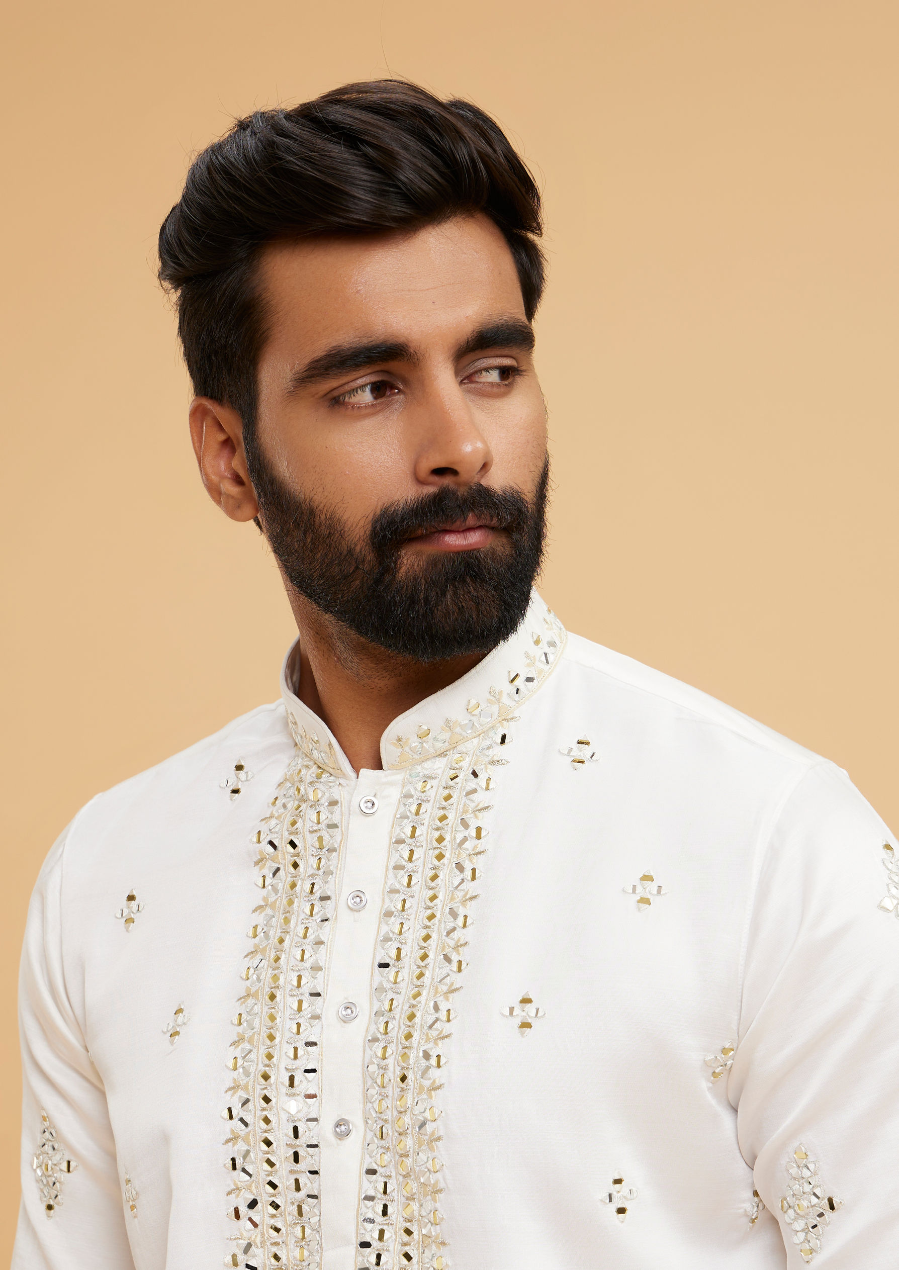 Twamev Men Gleaming Cream Satin Kurta Set with Dupatta