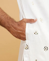 Twamev Men Ivory Satin Mirror Work Kurta Set with Dupatta