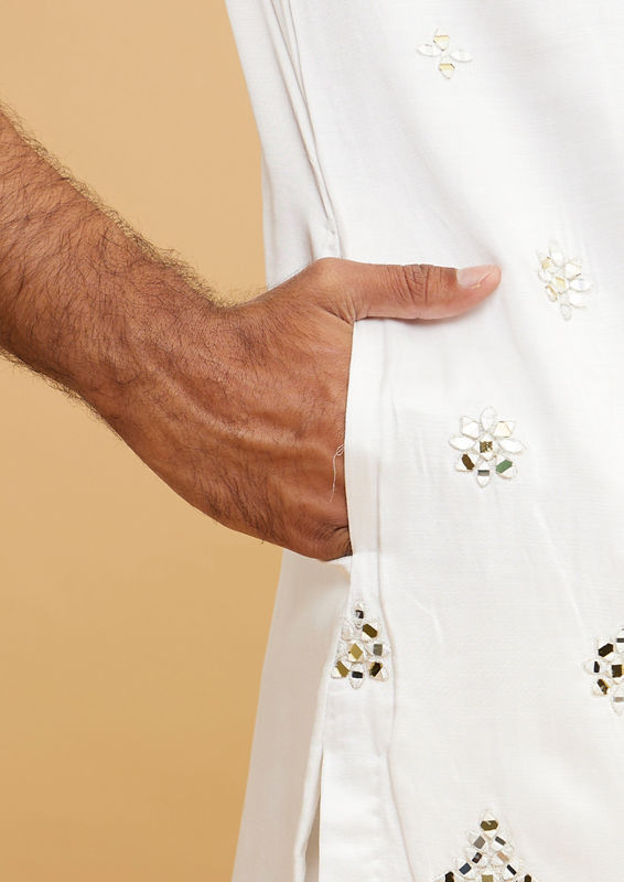Twamev Men Gleaming Cream Satin Kurta Set with Dupatta