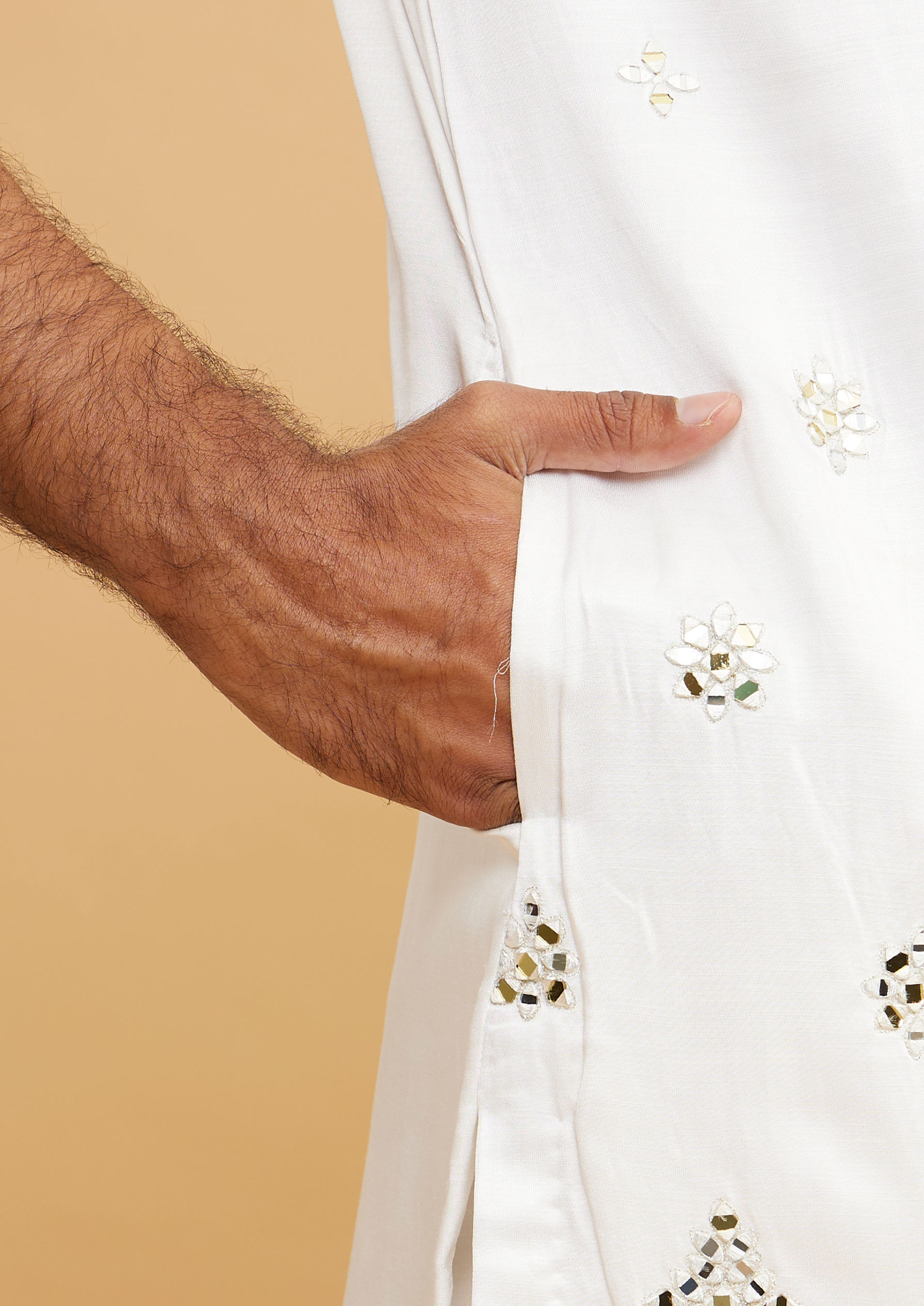 Twamev Men Gleaming Cream Satin Kurta Set with Dupatta