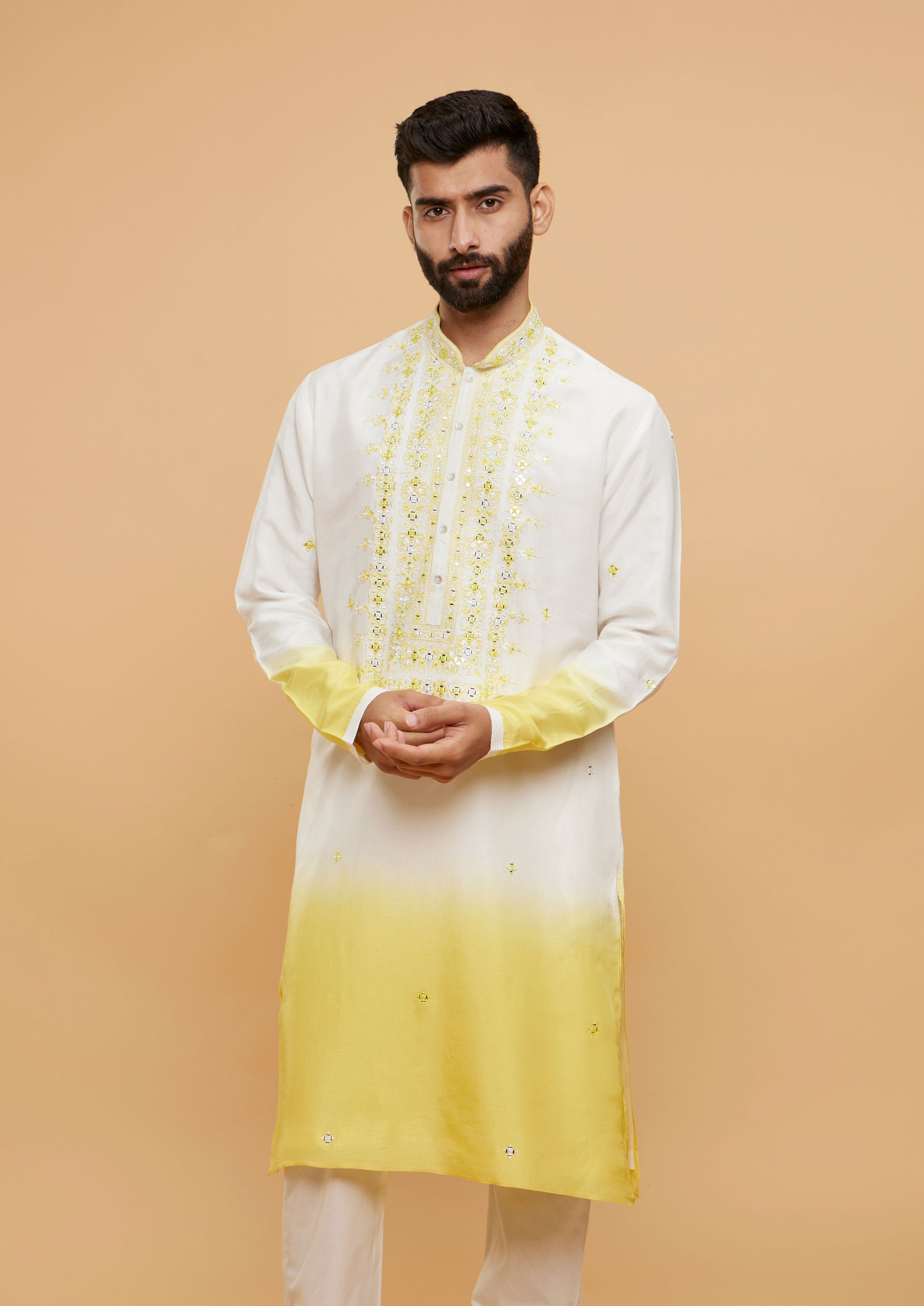 Twamev Men Graceful Yellow Cream Kurta Pajama