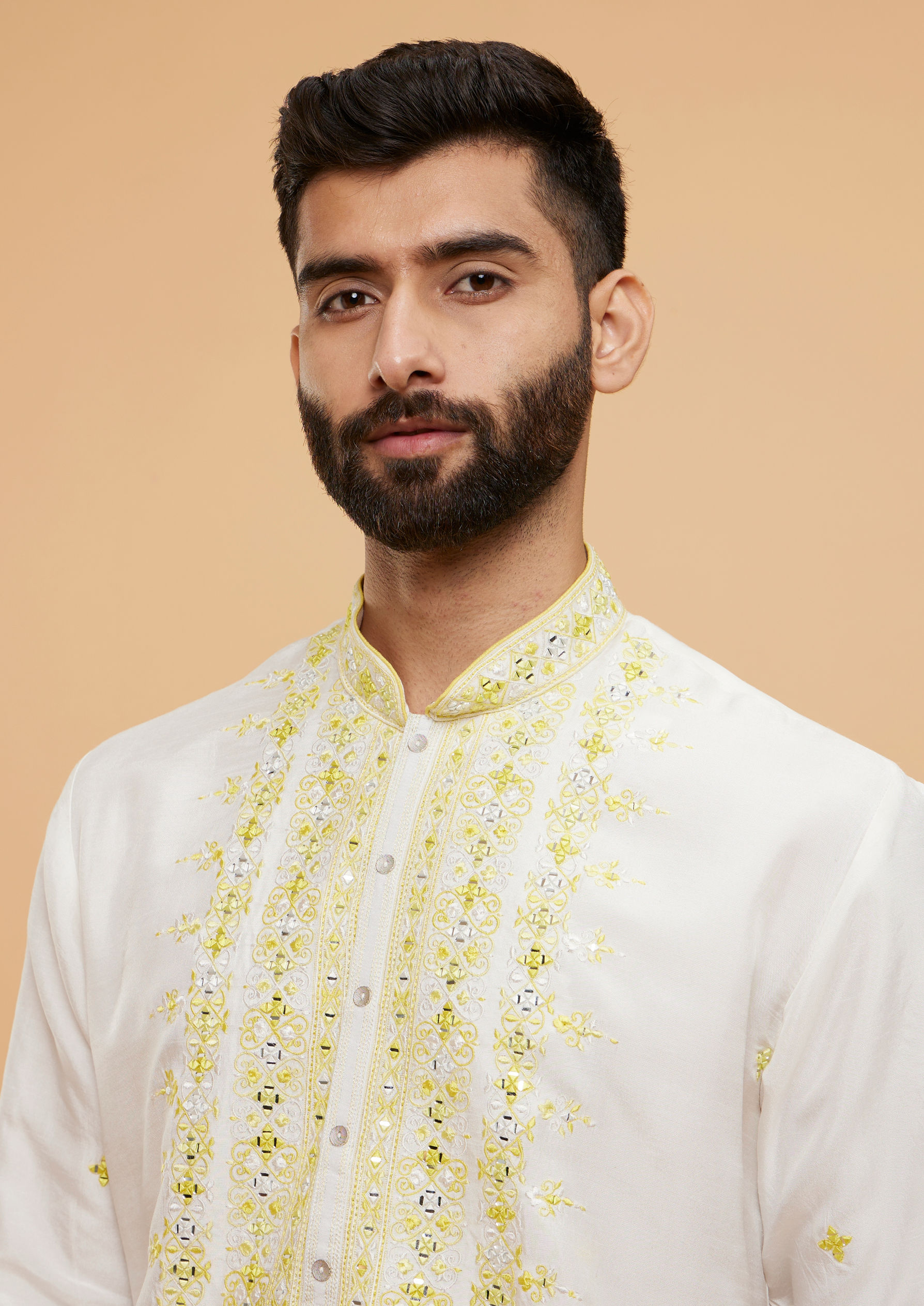 Twamev Men Graceful Yellow Cream Kurta Pajama