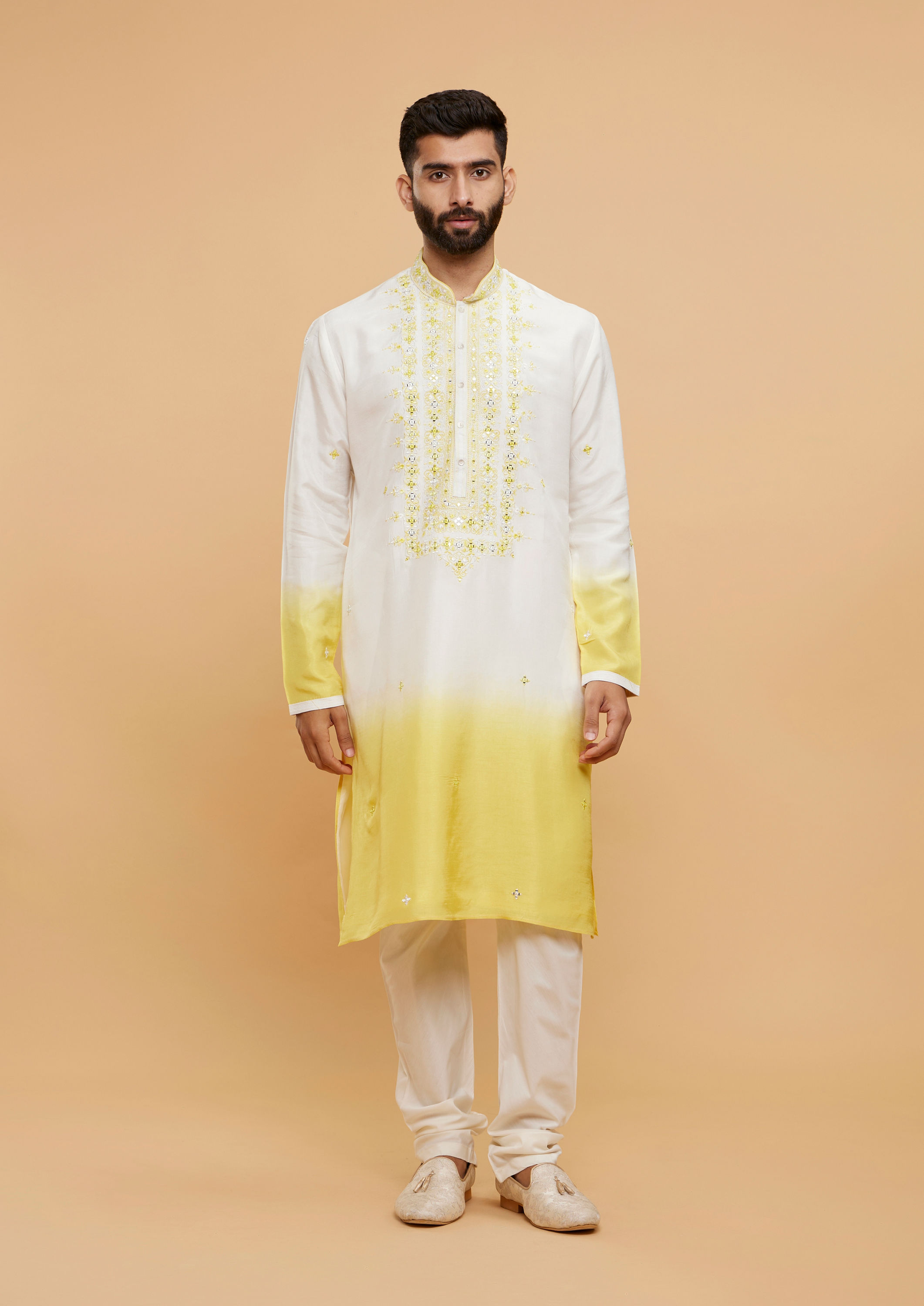 Twamev Men Graceful Yellow Cream Kurta Pajama