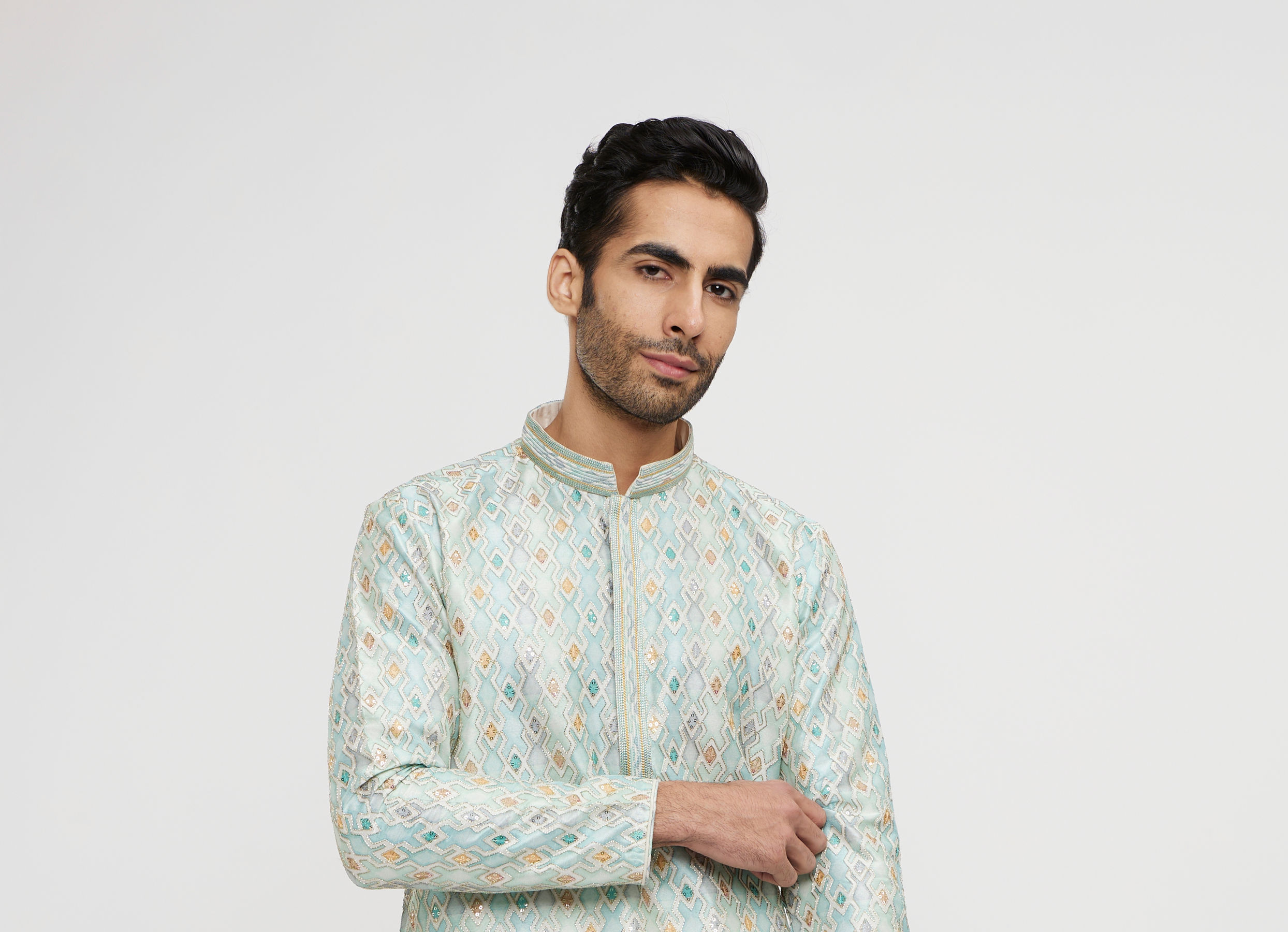 Twamev Men Aqua Green Georgette Embroidered Kurta Set