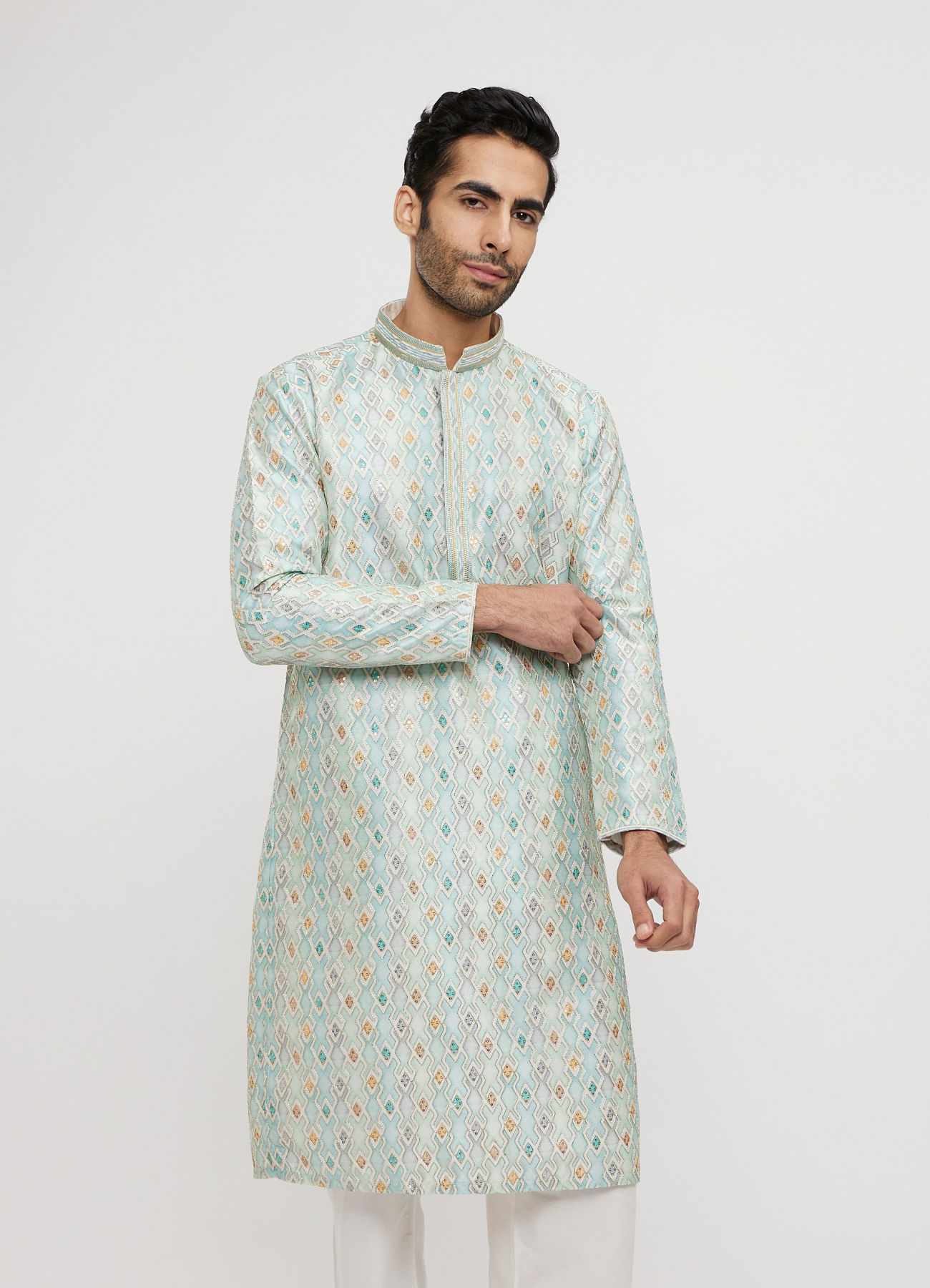 Twamev Men Aqua Green Georgette Embroidered Kurta Set