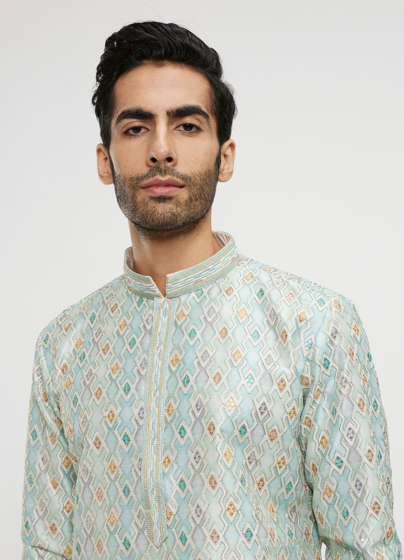 Twamev Men Aqua Green Georgette Embroidered Kurta Set