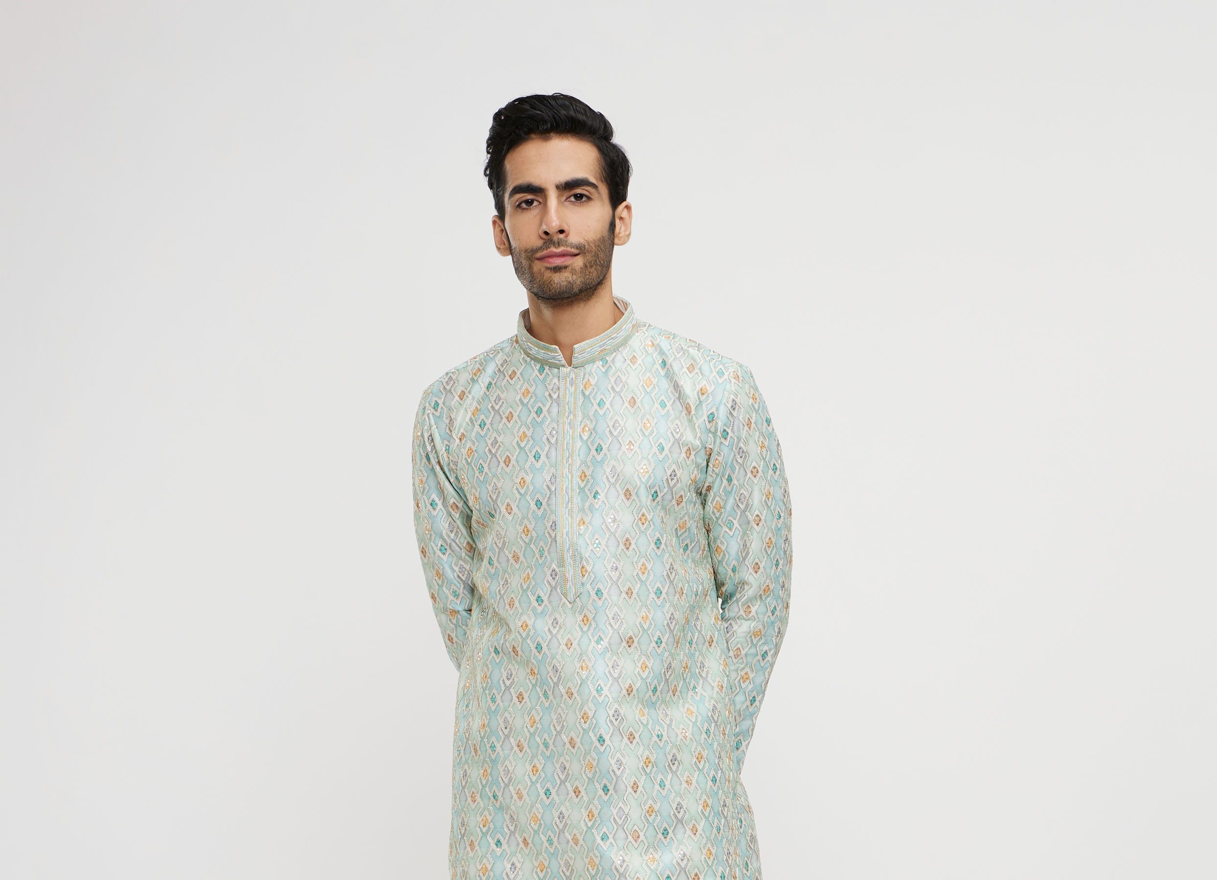 Twamev Men Aqua Green Georgette Embroidered Kurta Set