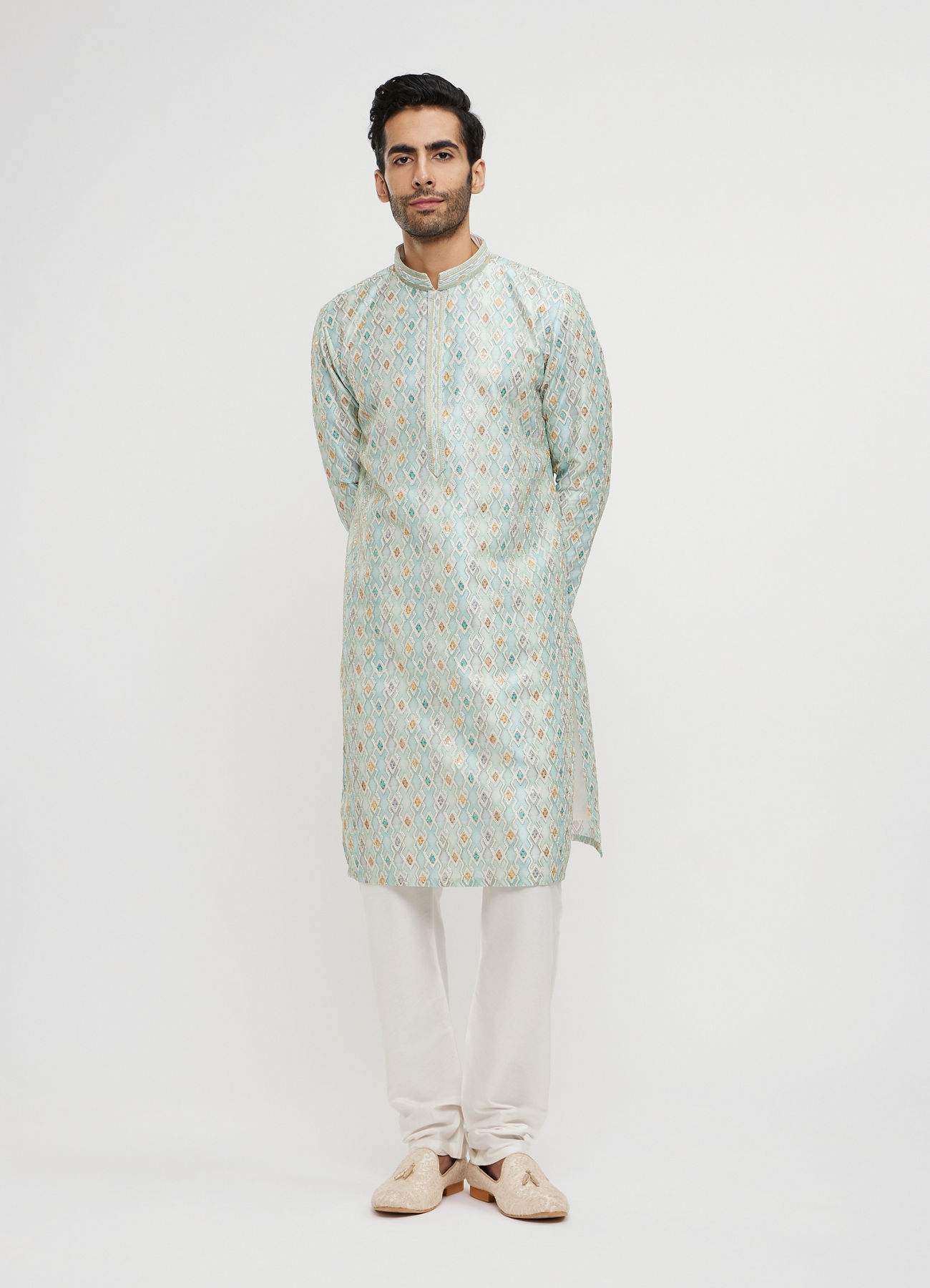 Twamev Men Aqua Green Georgette Embroidered Kurta Set