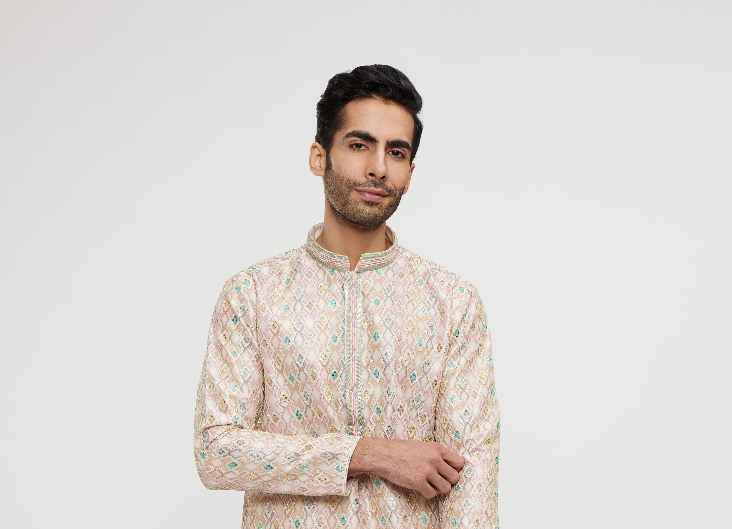 Twamev Men Dusty Pink Viscose Sequin Embroidered Kurta Set