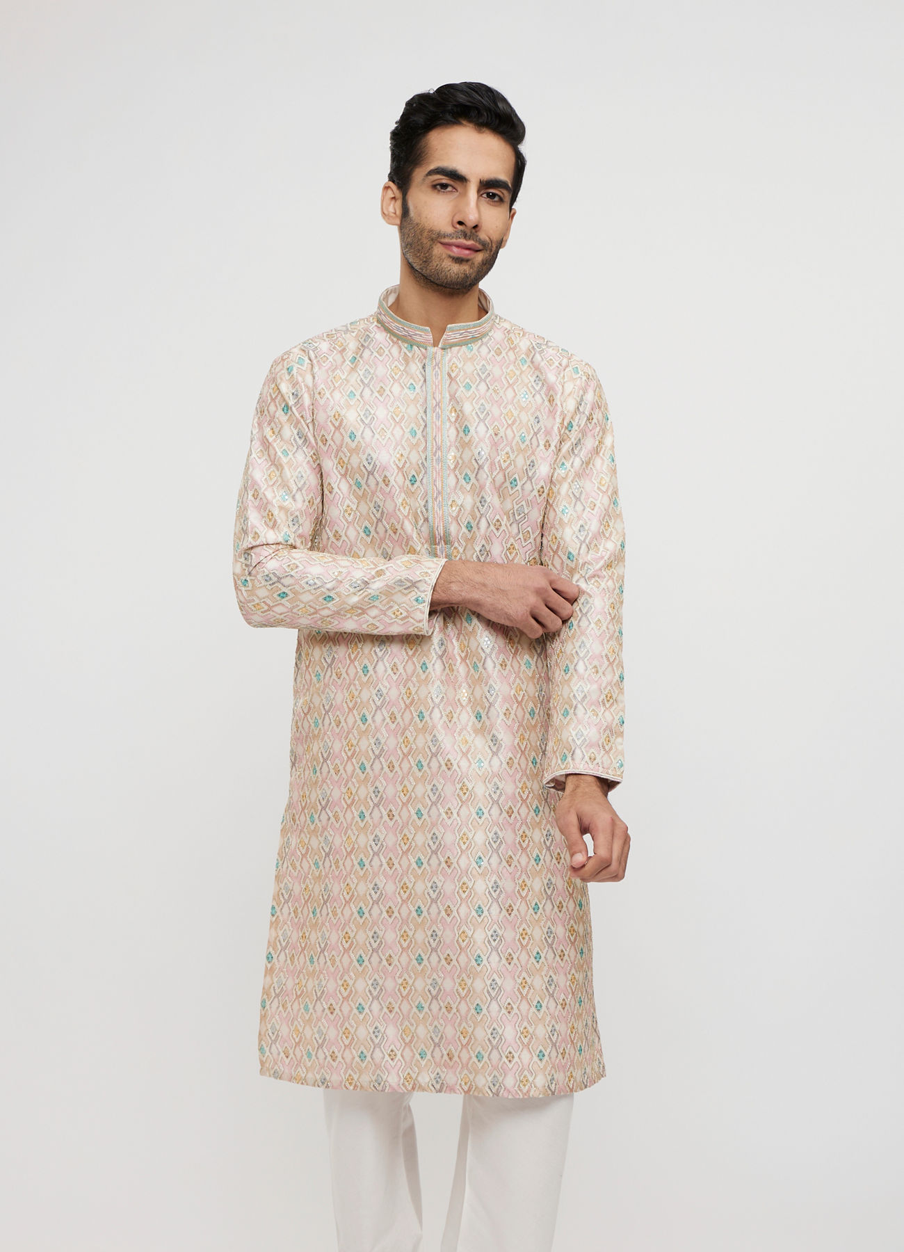 Twamev Men Dusty Pink Viscose Sequin Embroidered Kurta Set