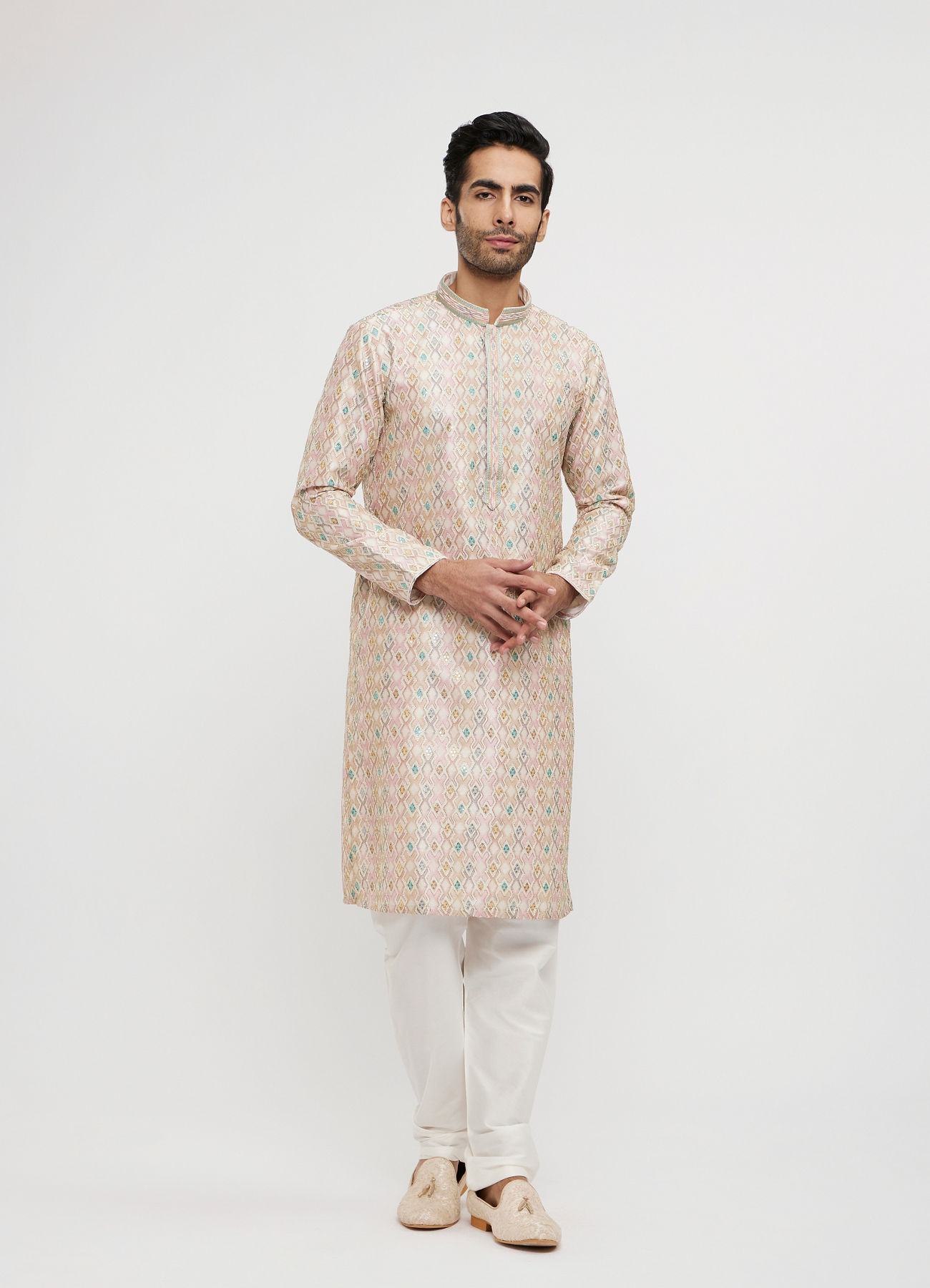 Twamev Men Dusty Pink Viscose Sequin Embroidered Kurta Set