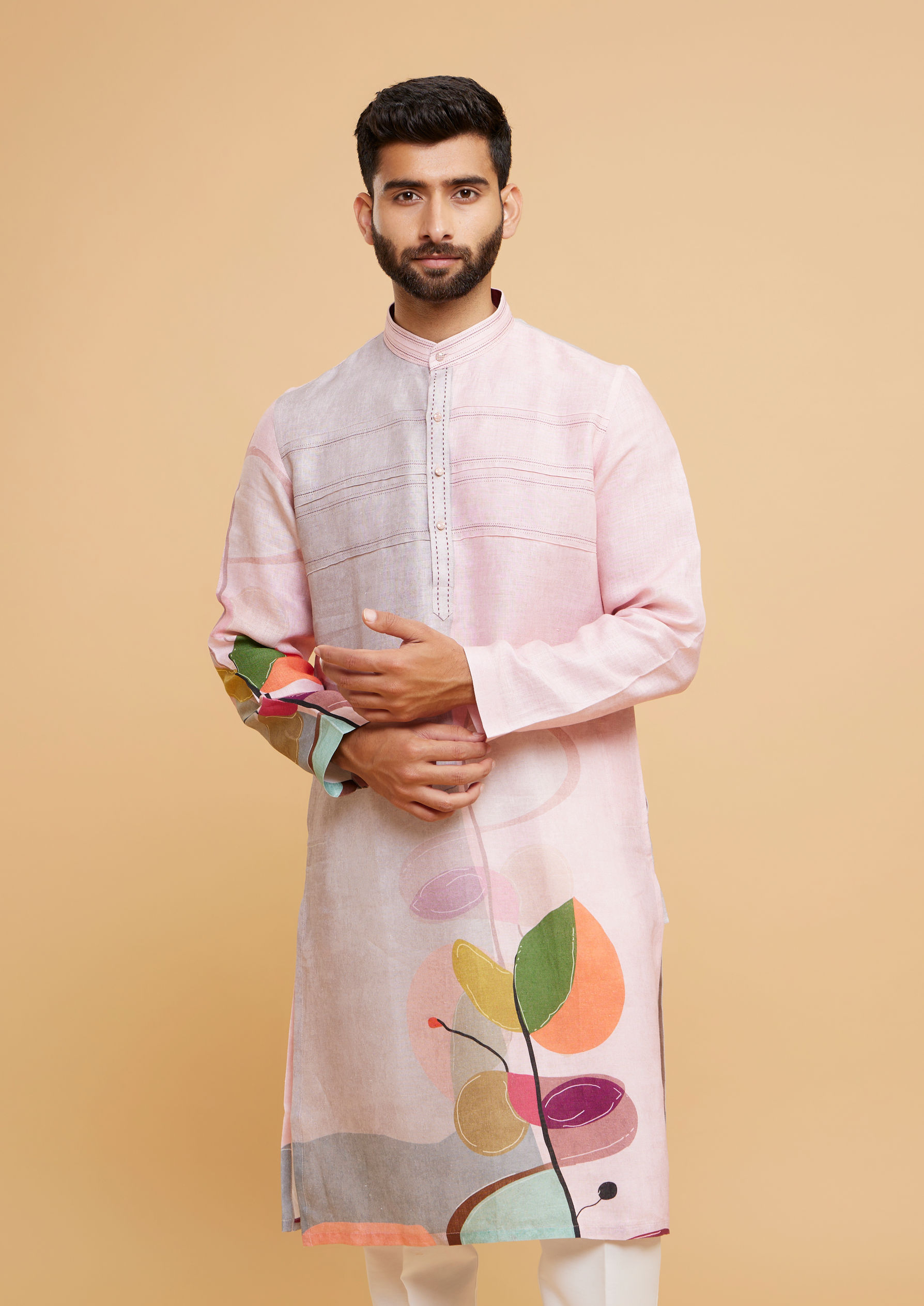 Twamev Men Pink Glory Linen Kurta Pajama