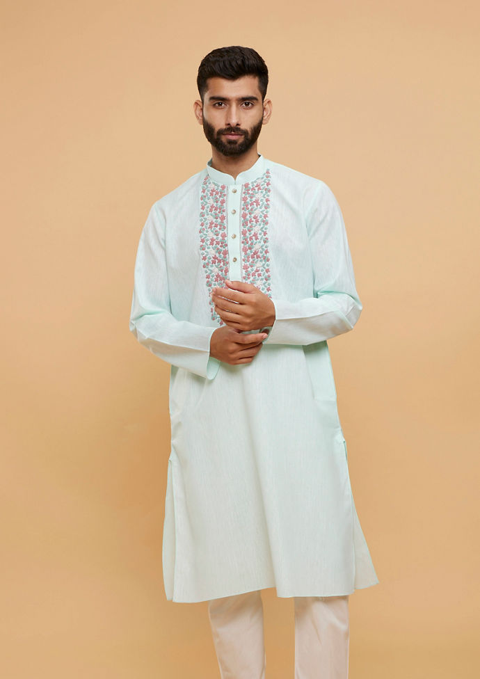 Twamev Men Aqua Green Blended Cotton Kurta Pajama Set