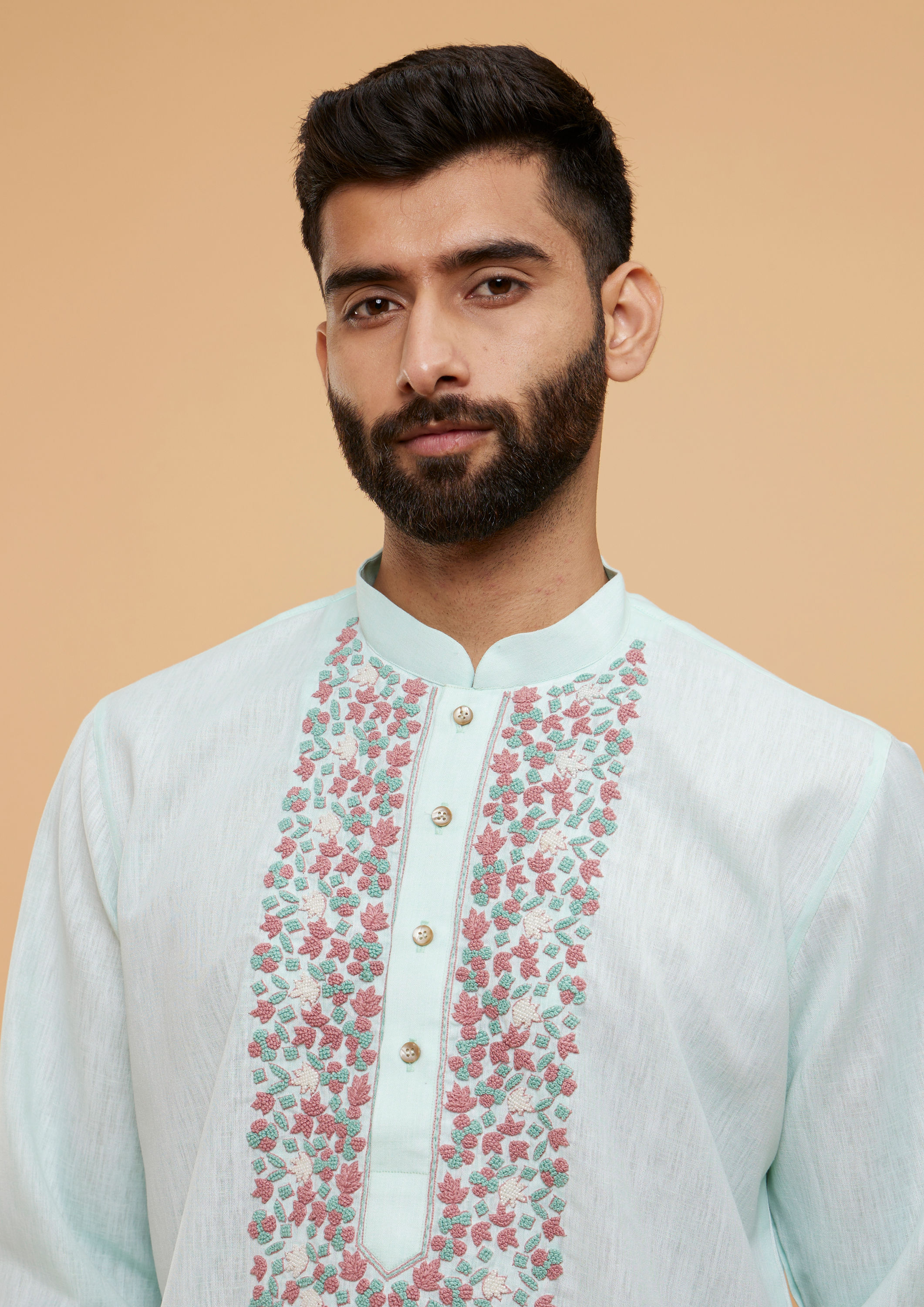 Twamev Men Aqua Green Blended Cotton Kurta Pajama Set