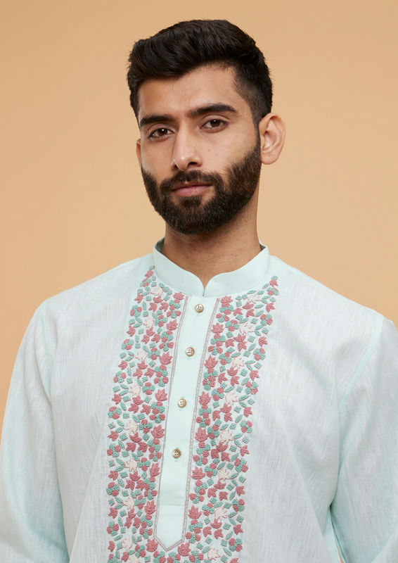Twamev Men Aqua Green Blended Cotton Kurta Pajama Set