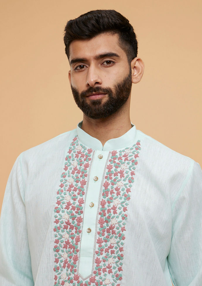 Twamev Men Aqua Green Blended Cotton Kurta Pajama Set