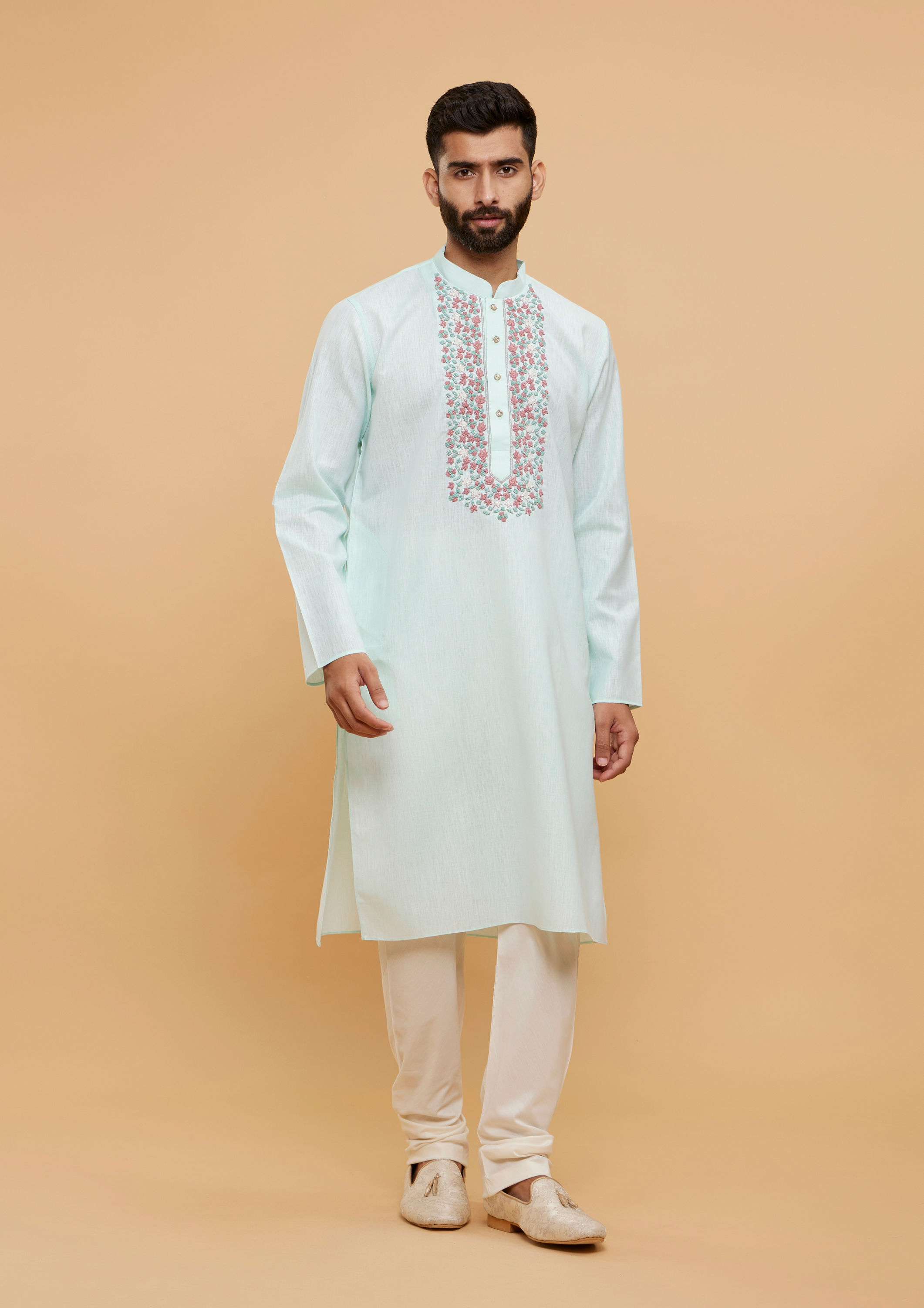 Twamev Men Aqua Green Blended Cotton Kurta Pajama Set