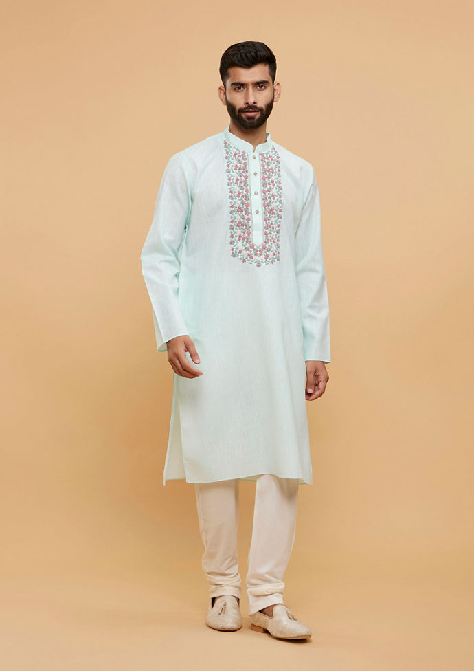 Twamev Men Aqua Green Blended Cotton Kurta Pajama Set