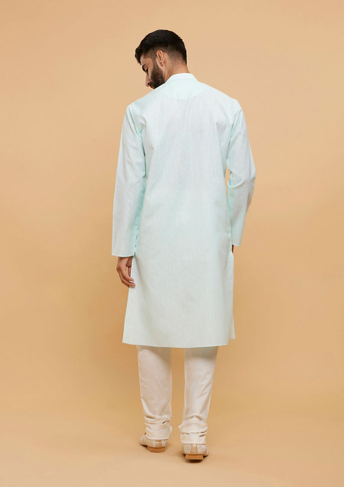 Twamev Men Aqua Green Blended Cotton Kurta Pajama Set